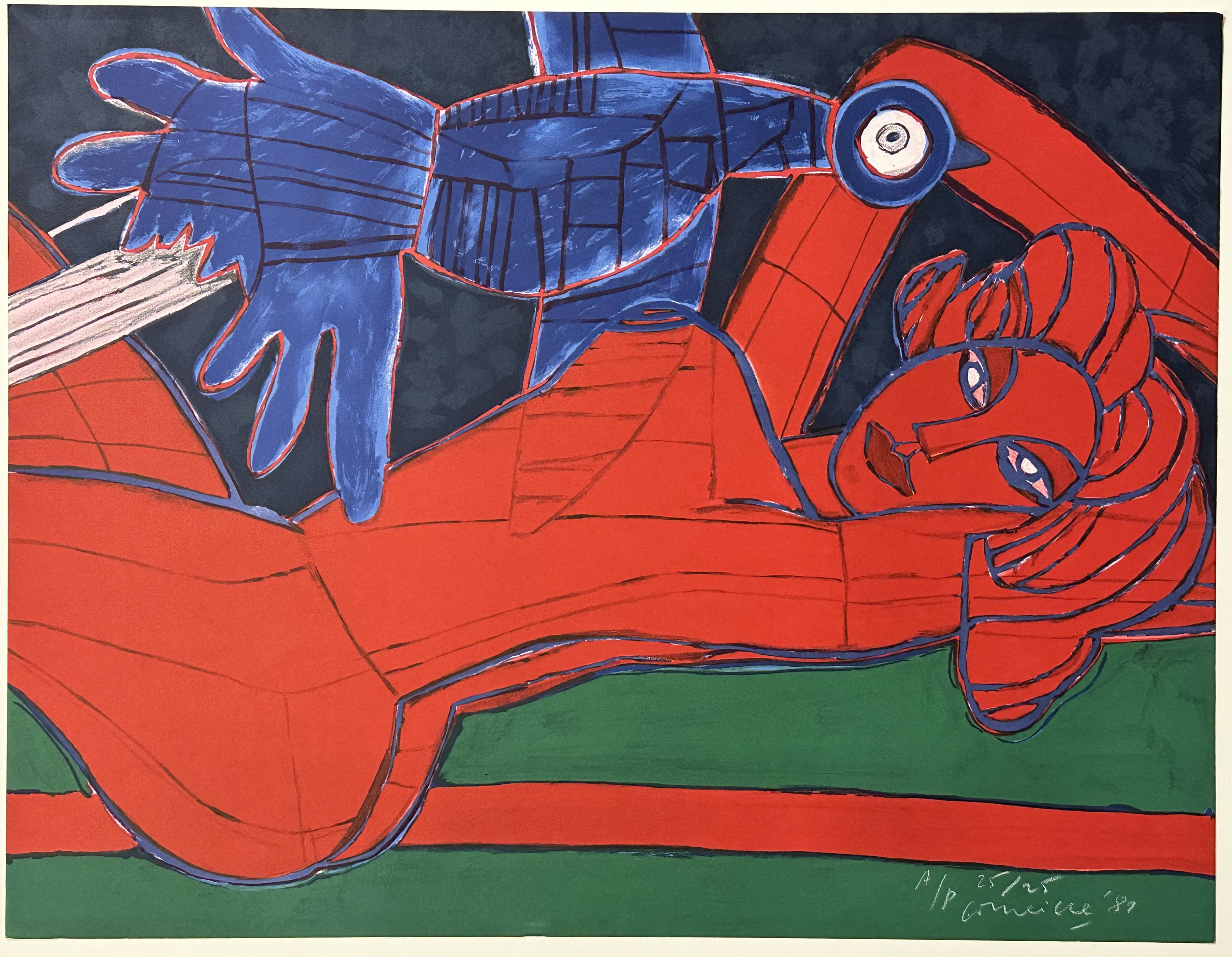 Red Nude and Bird 1981 Signed Limited Edition Lithograph  - Print by Guillaume Cornelis van Beverloo (Corneille)