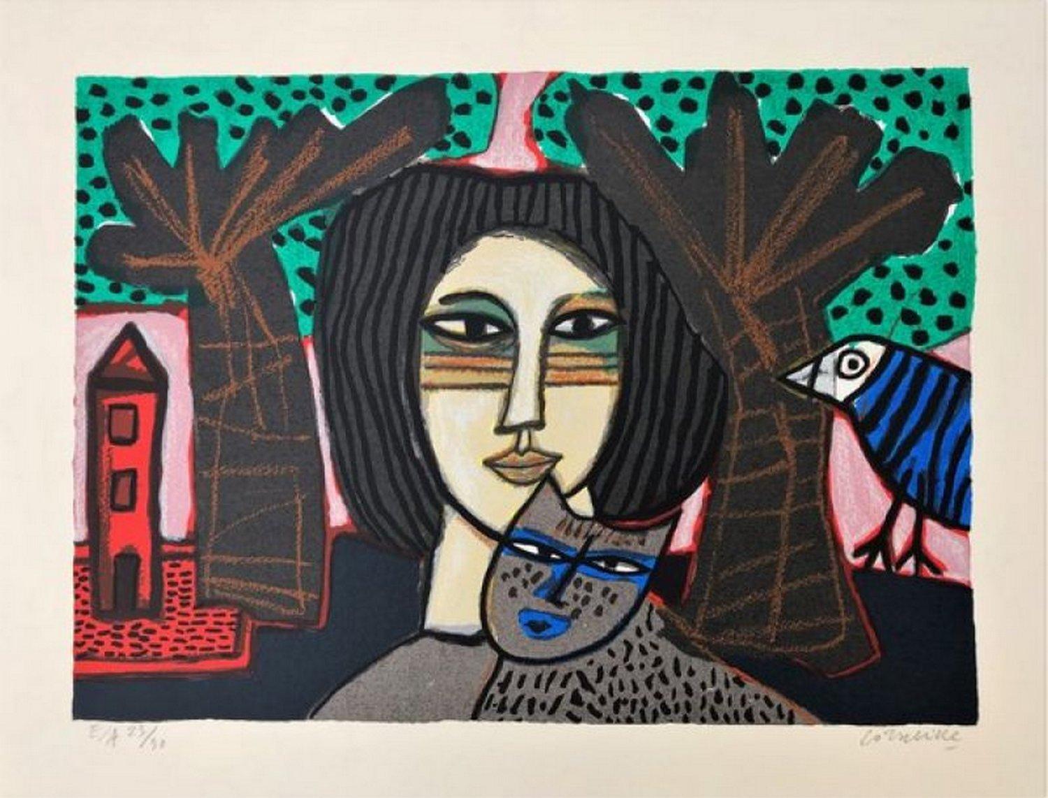Guillaume Cornelis van Beverloo (Corneille) Abstract Print - The pretty brunette with the cat 
