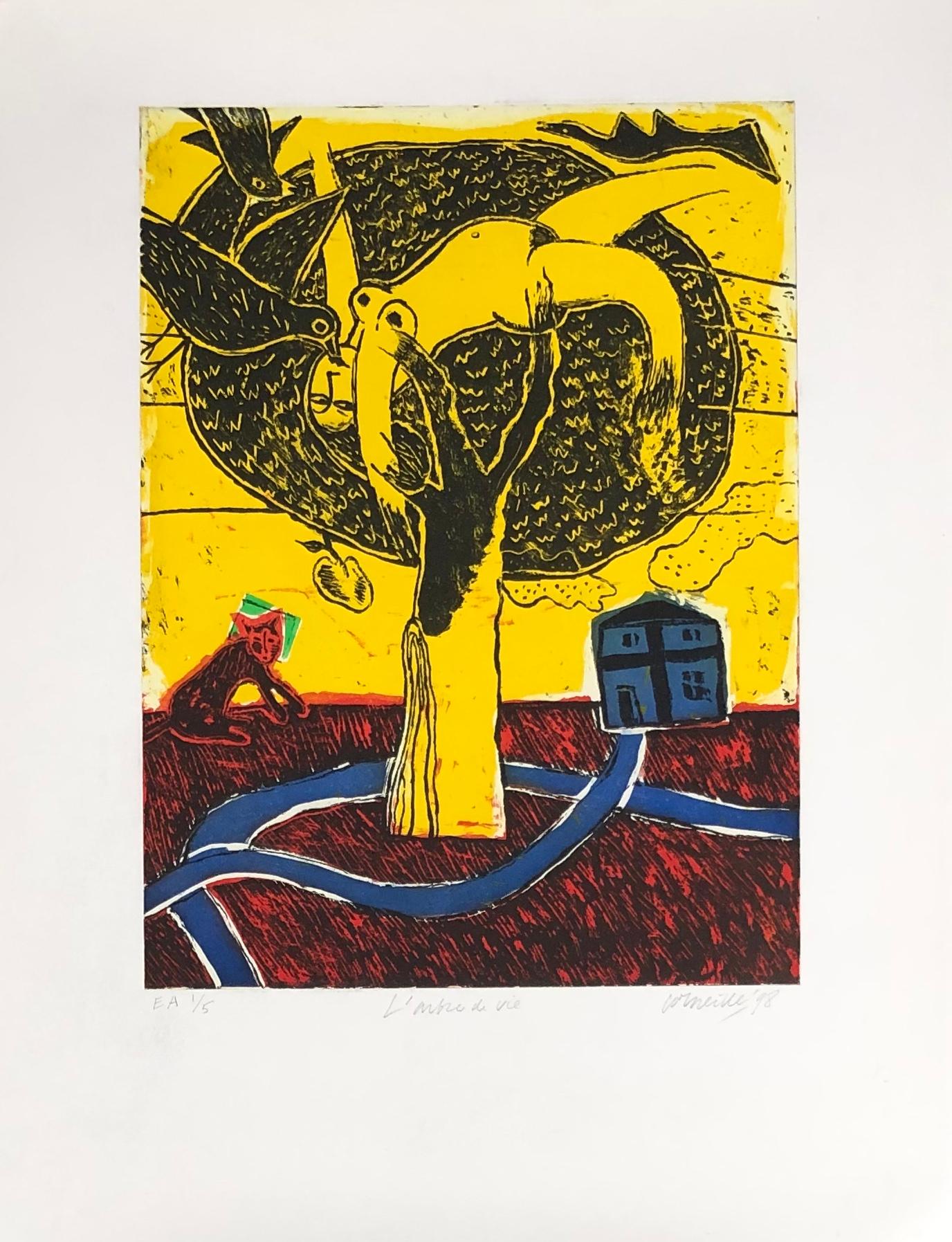 Guillaume Cornelis van Beverloo (Corneille) Figurative Print - 'Tree of life'. Coloured lithograph. Signed, titled, dated and numbered EA 1/5