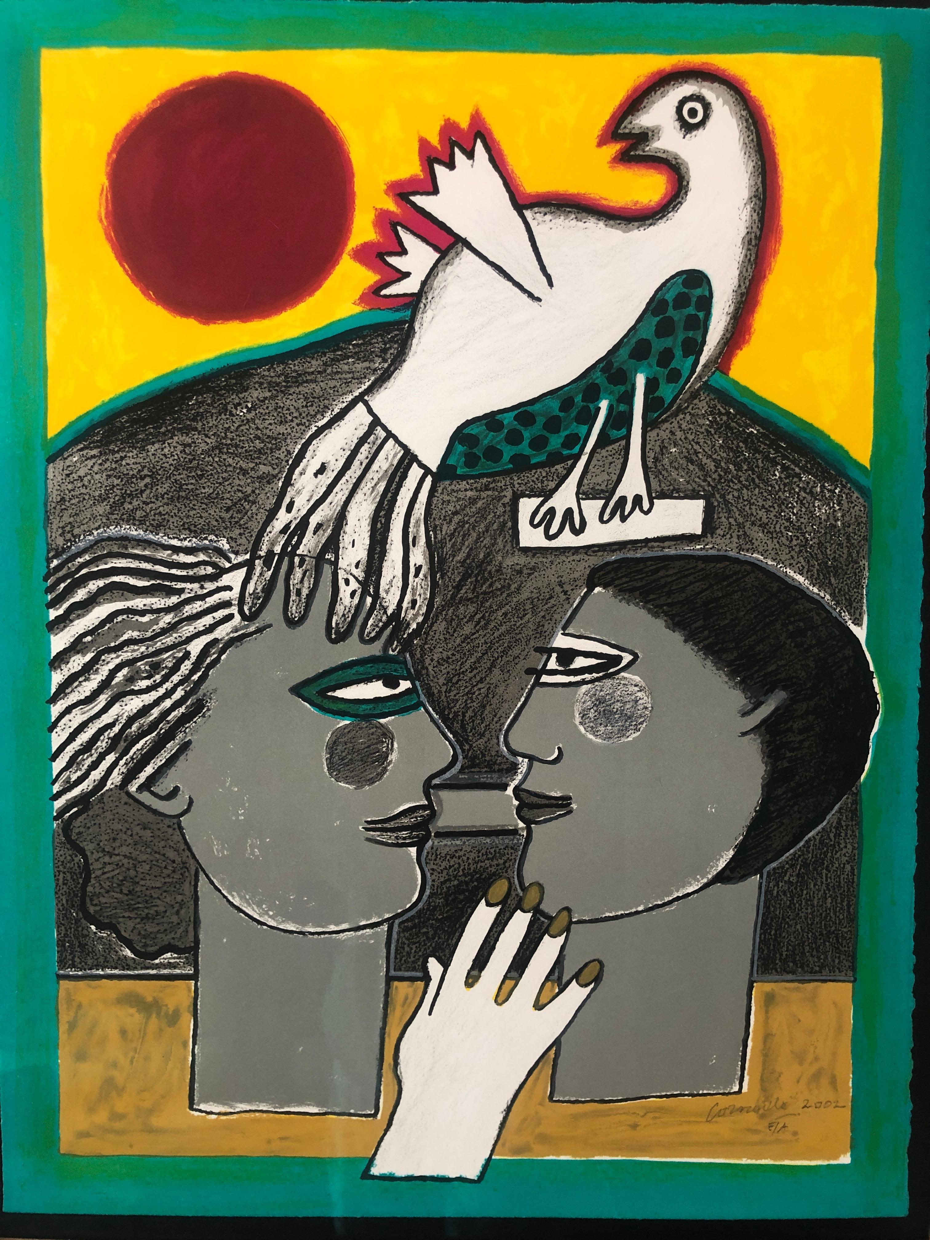 Originallithografie des Malers Guillaume Corneille (1922-2010), geboren in Lüttich als Sohn niederländischer Eltern, Gründungsmitglied der Cobra-Bewegung. 

Ein magisches Werk, das durch seine Farben besticht. Vom Künstler mit Bleistift signiert