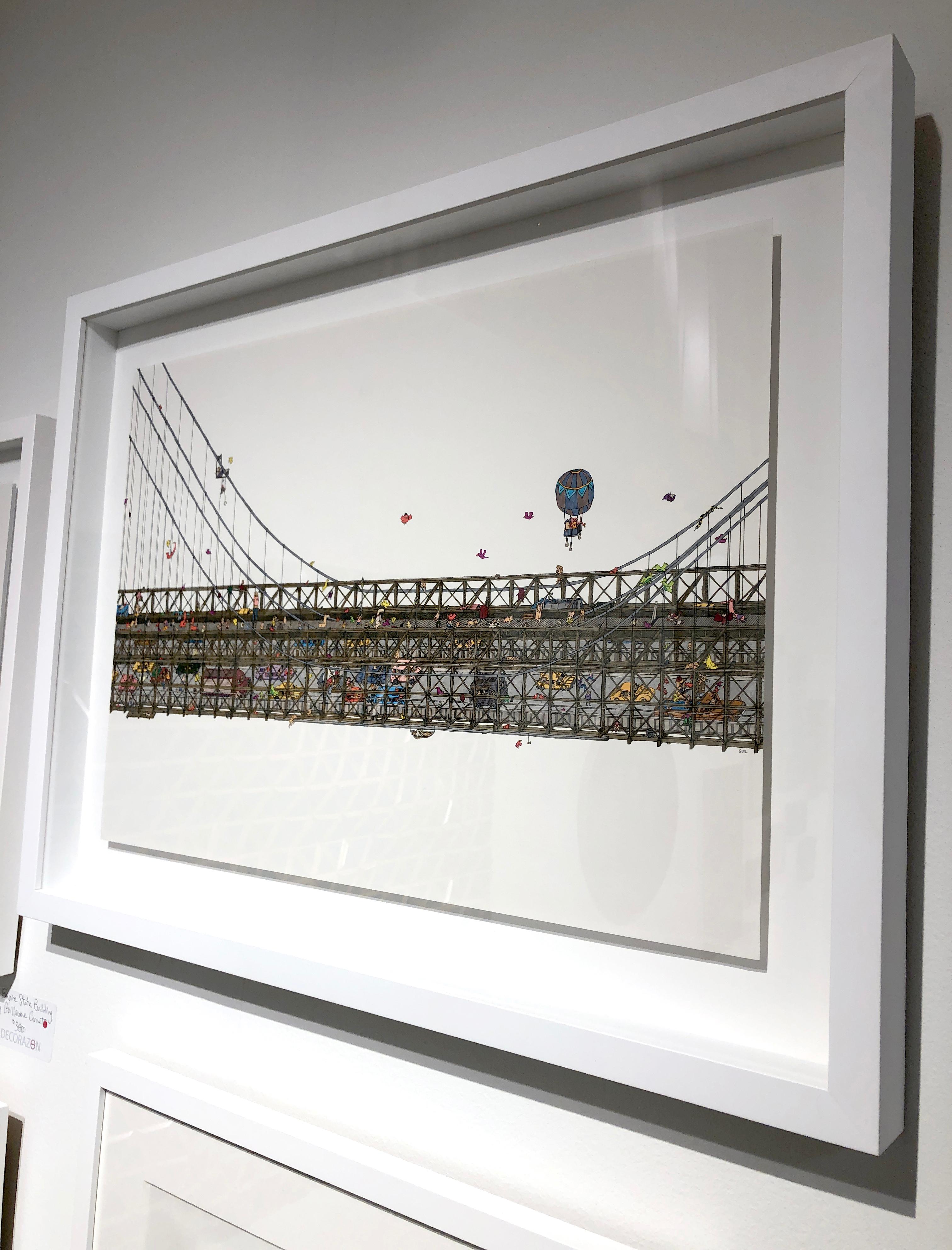 Brooklyn Bridge, fantastic illustration by Guillaume Cornet white framed For Sale 1