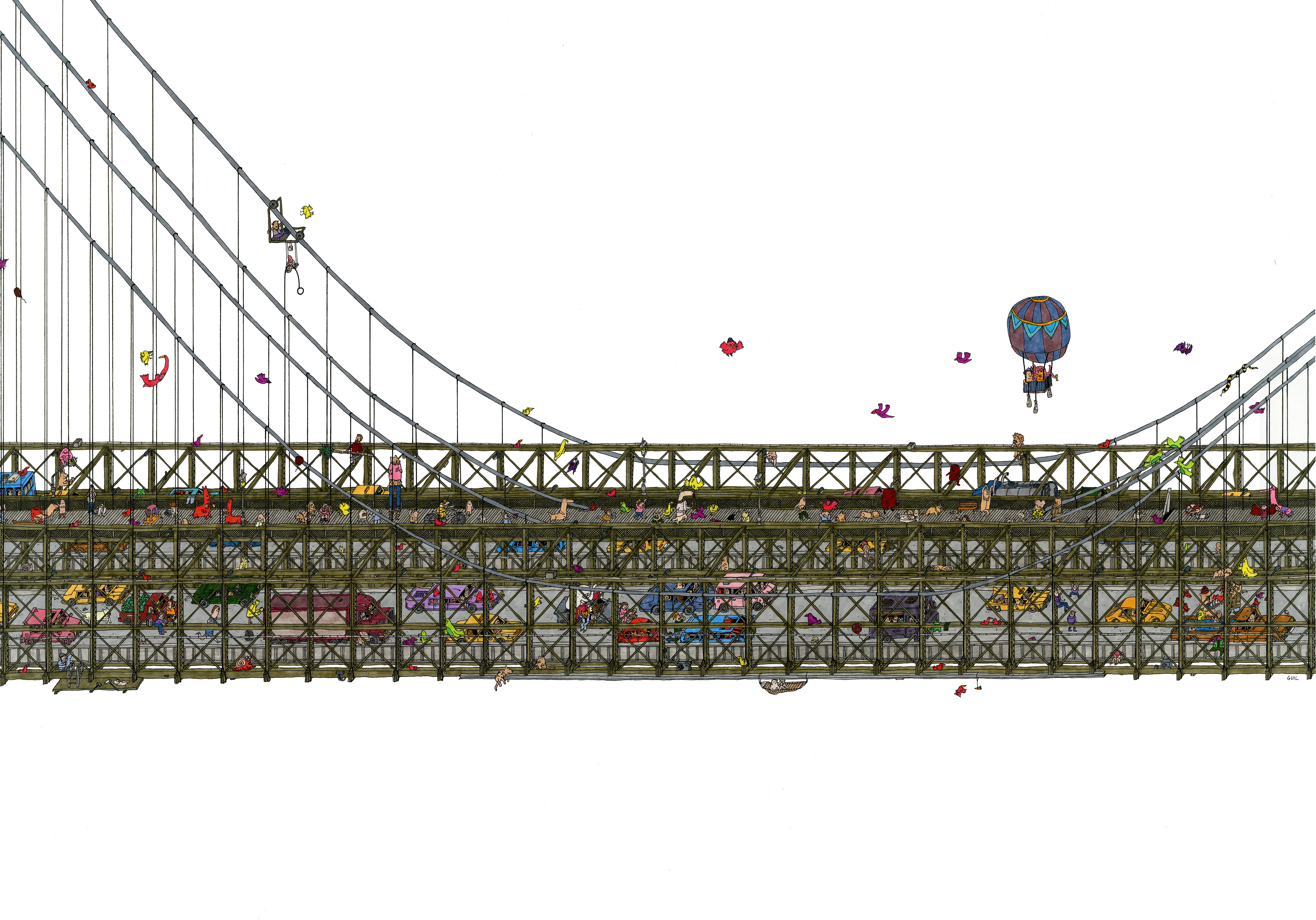 Brooklyn Bridge, fantastic illustration by Guillaume Cornet white framed