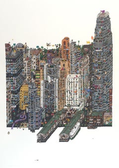Elephants in Hong Kong, fantastical illustrated cityscape by Guillaume Cornet