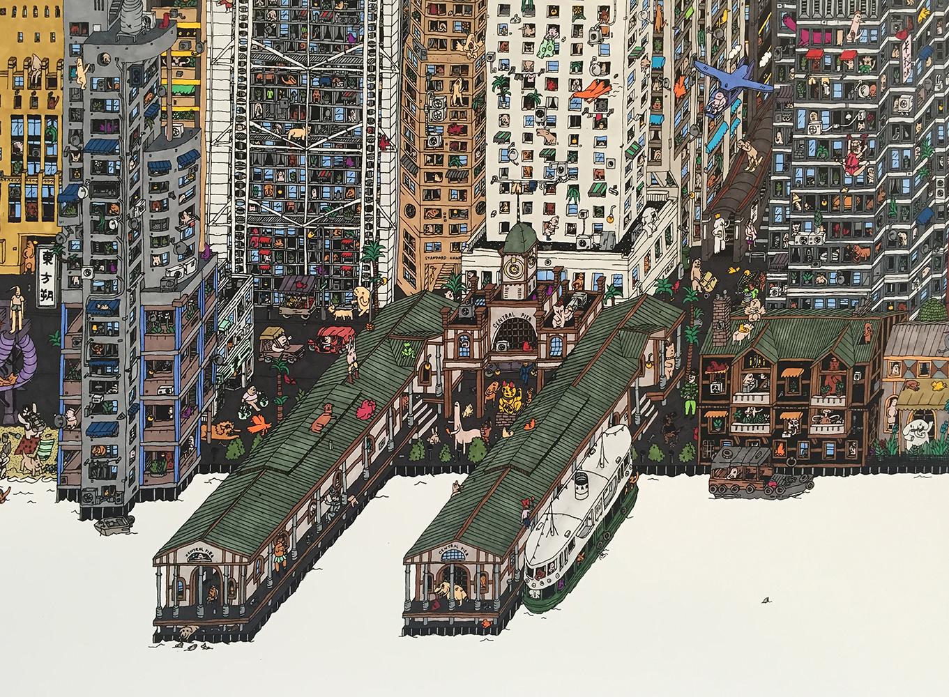 Elephants in Hong Kong, fantastical illustrated cityscape by Guillaume Cornet 1