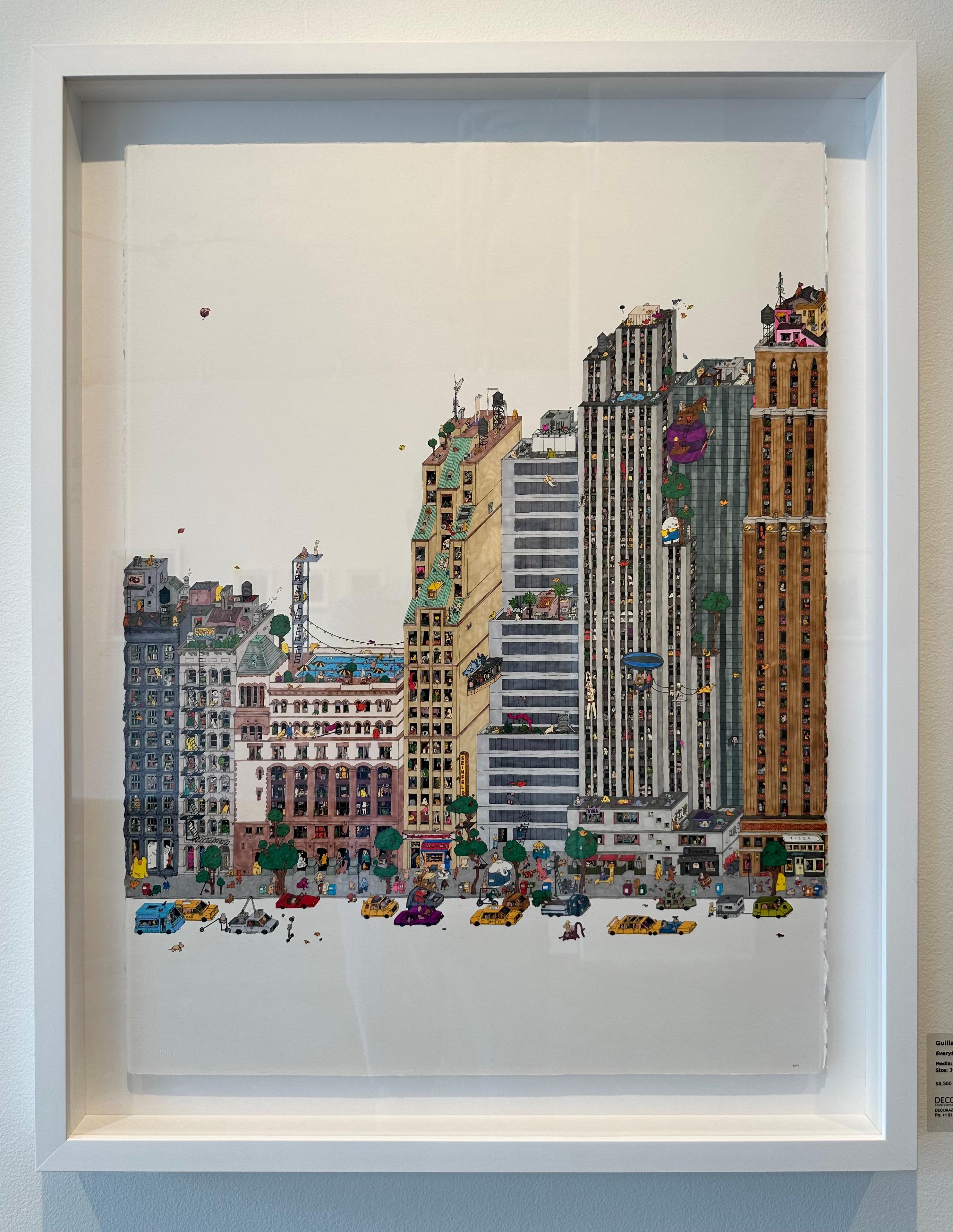 Everything Must Go, an intricate illustration by Guillaume Cornet white framed For Sale 1