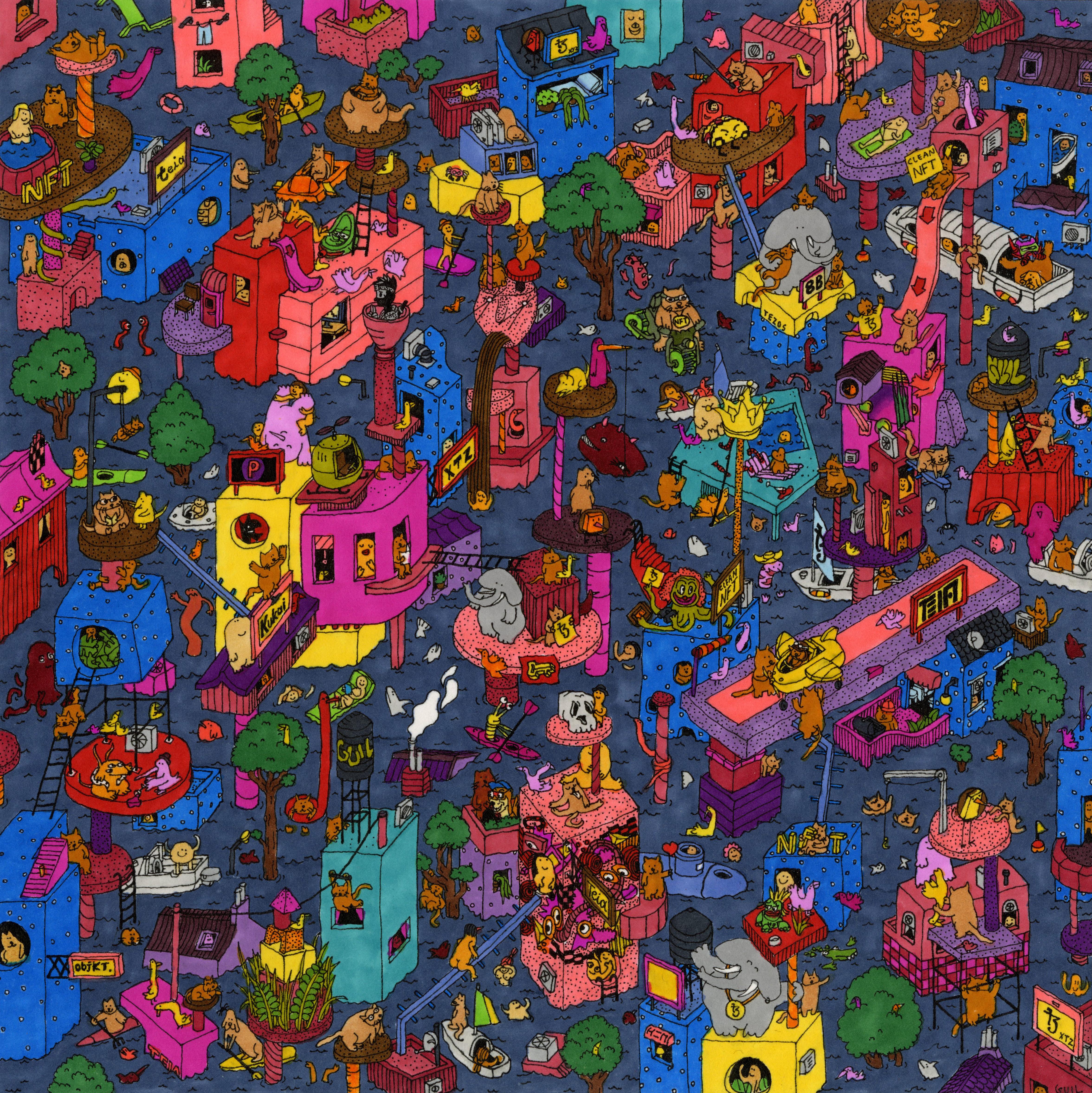 Flooded Favela, fantastische Illustration von Guillaume Cornet, weiß gerahmt