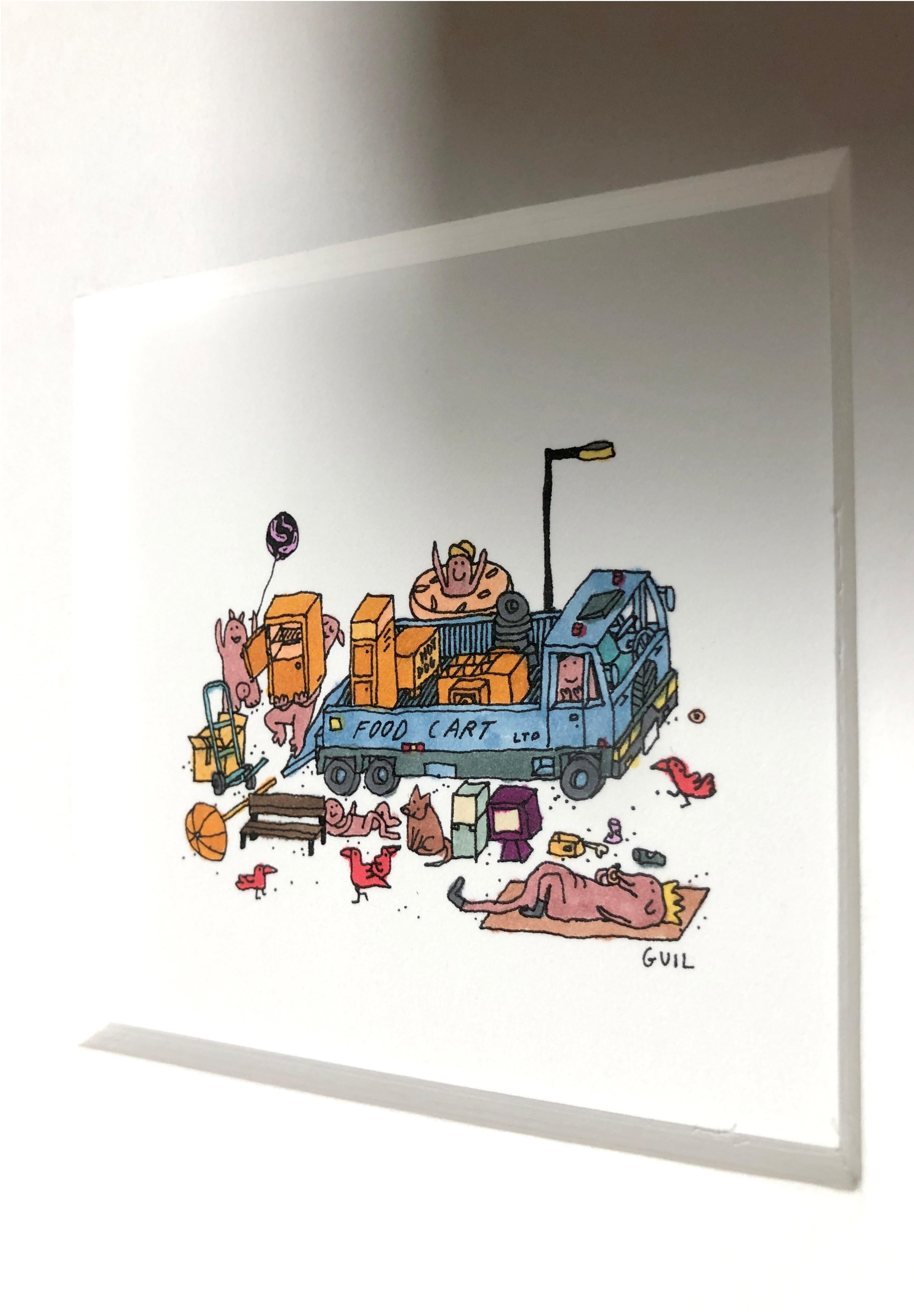 Food Cart Installation, fantastic illustration by Guillaume Cornet white framed 1