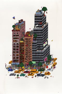 Greenpeace in NYC, fantastische Illustration von Guillaume Cornet, weiß gerahmt