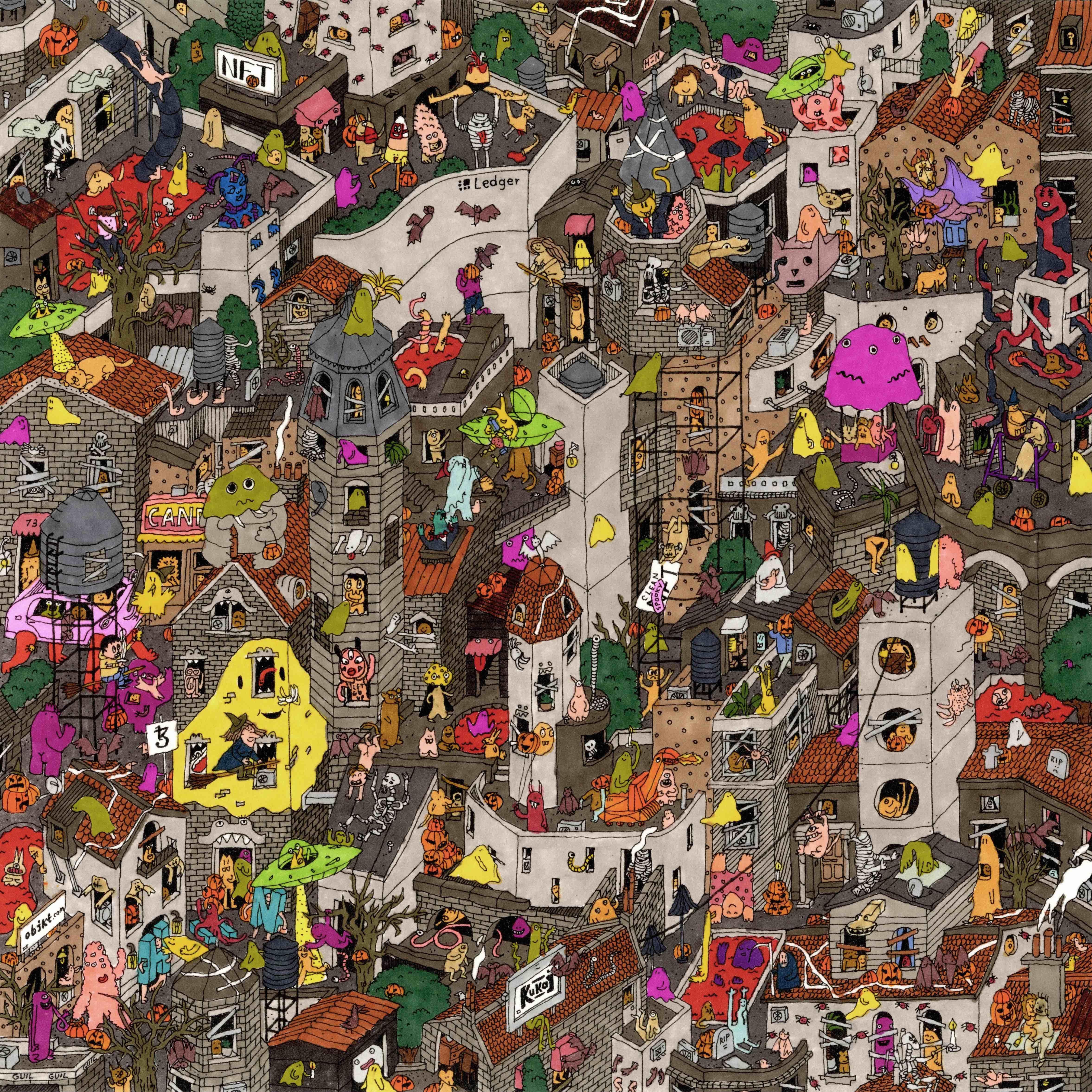 Haunted Favela, fantastische Illustration von Guillaume Cornet, weiß gerahmt