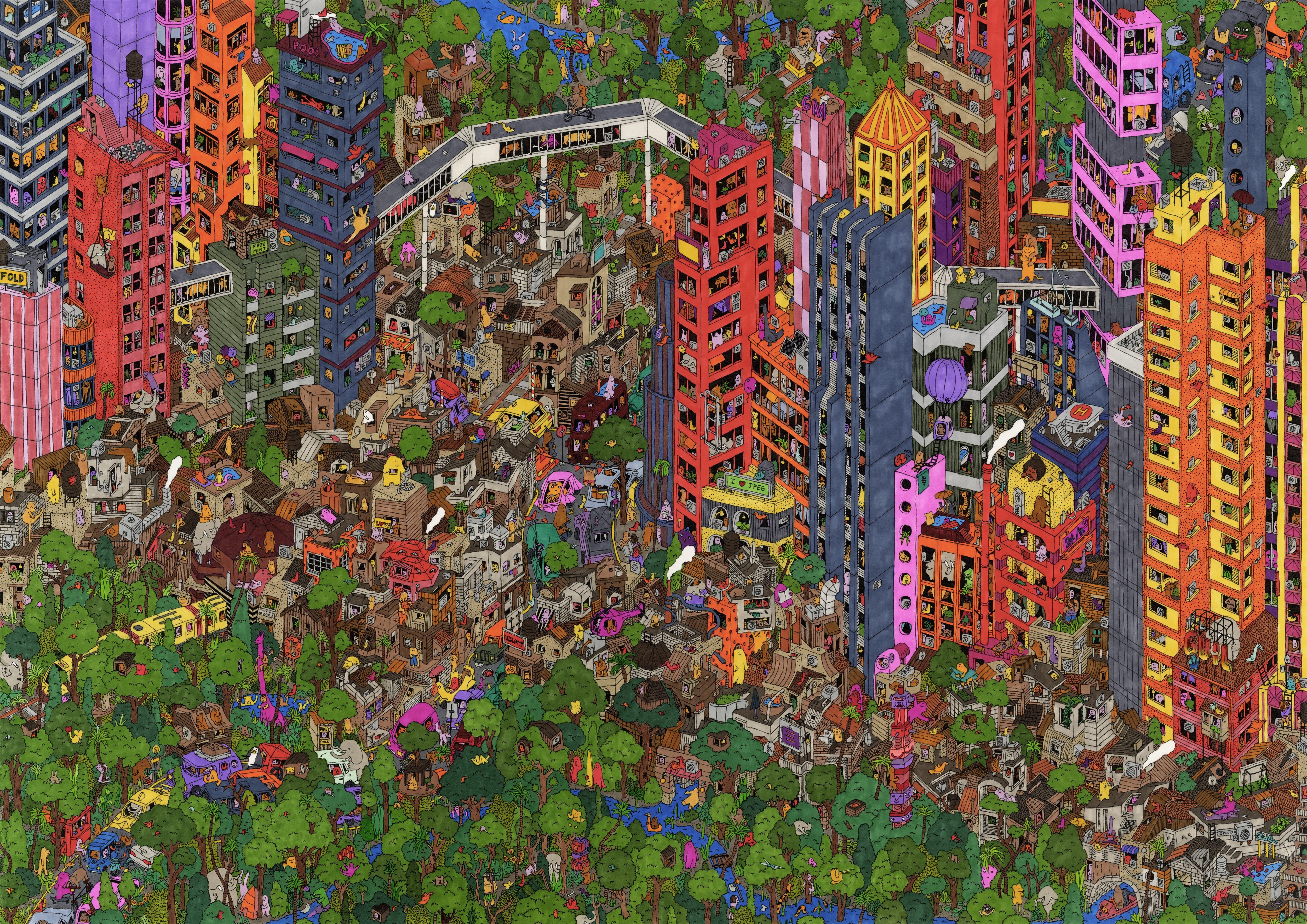 Dschungel Metropolis, eine Illustration von Guillaume Cornet, weiß gerahmt