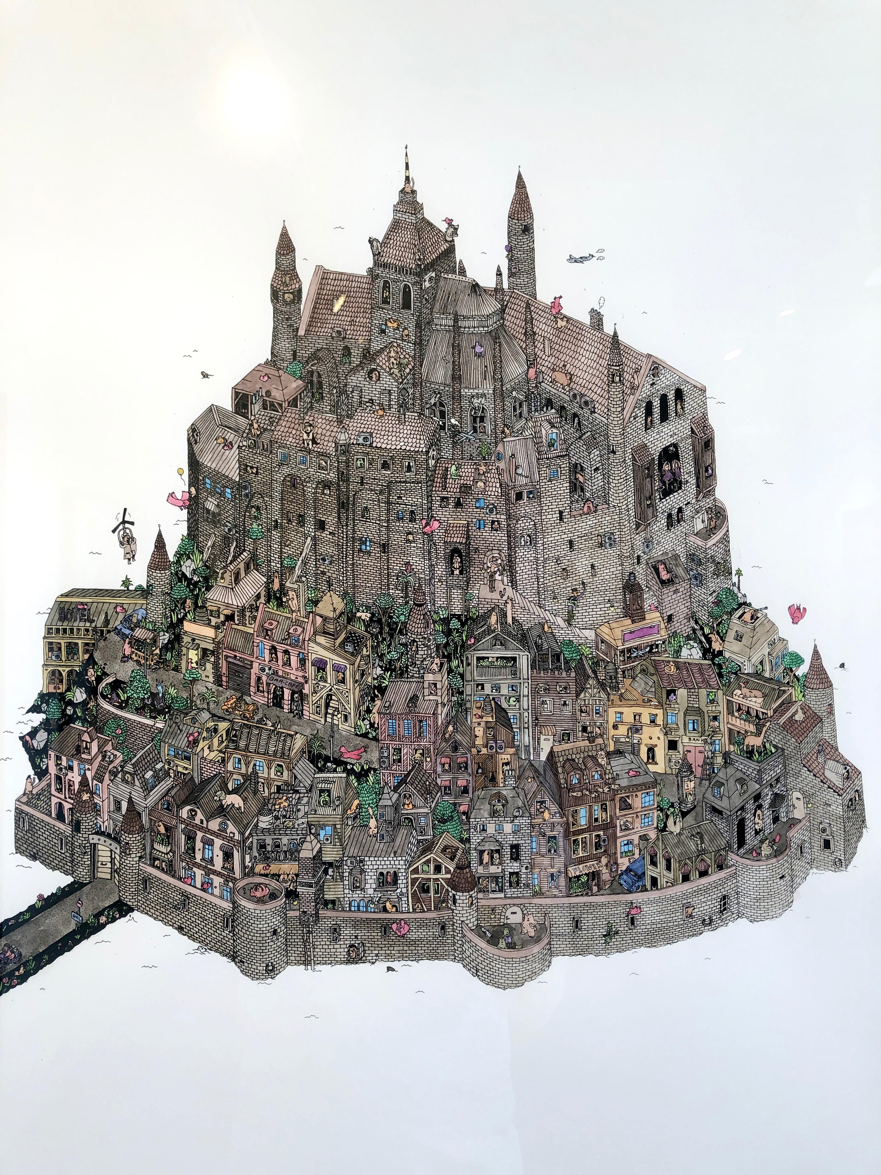 Mont Saint Michel, fantastische Aquarellillustration von Guillaume Cornet, gerahmt im Angebot 2