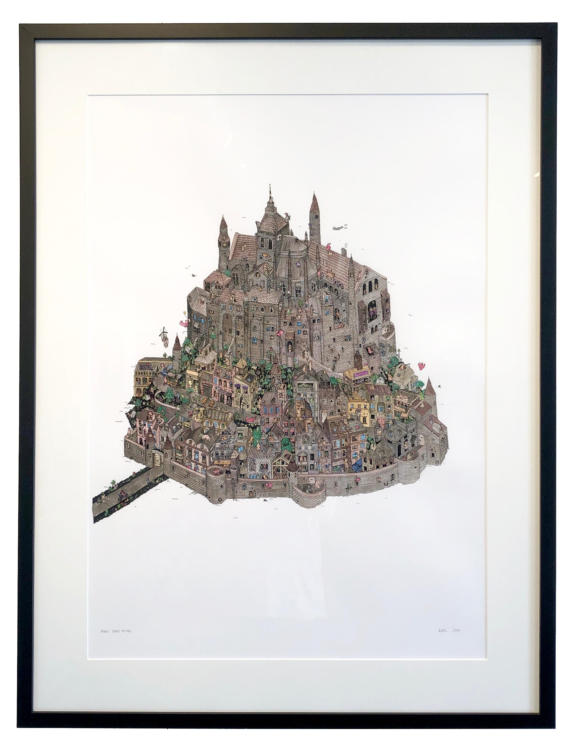 This beautiful intricate, hand colored illustration made using fine calligraphy pens to crate the black outline, then Cornet makes 5 lithograph prints, each one is colored differently using markers or in this piece watercolor. This piece is framed