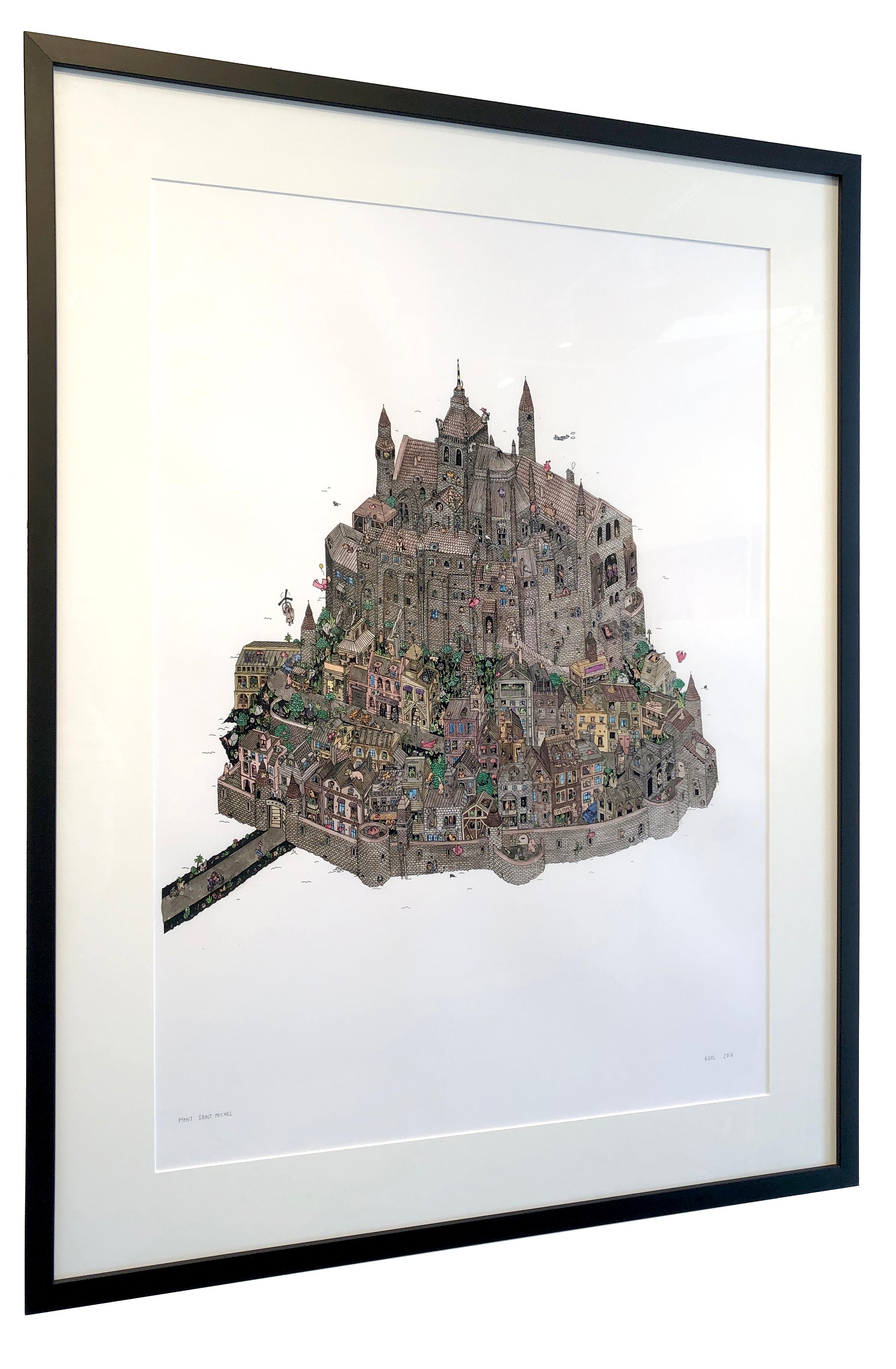 Mont Saint Michel, fantastische Aquarellillustration von Guillaume Cornet, gerahmt im Angebot 4