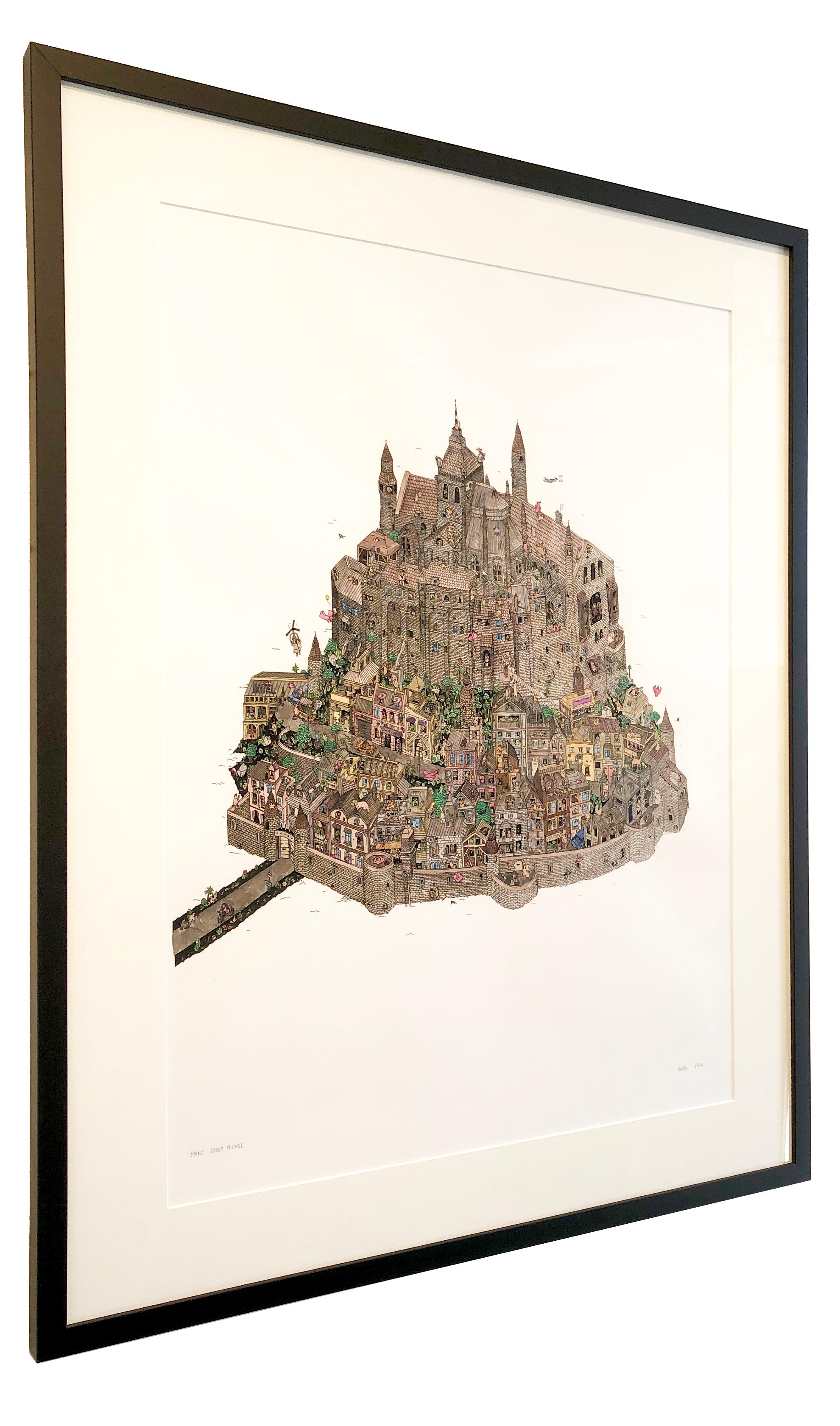 Mont Saint Michel, fantastic watercolor illustration by Guillaume Cornet framed For Sale 2