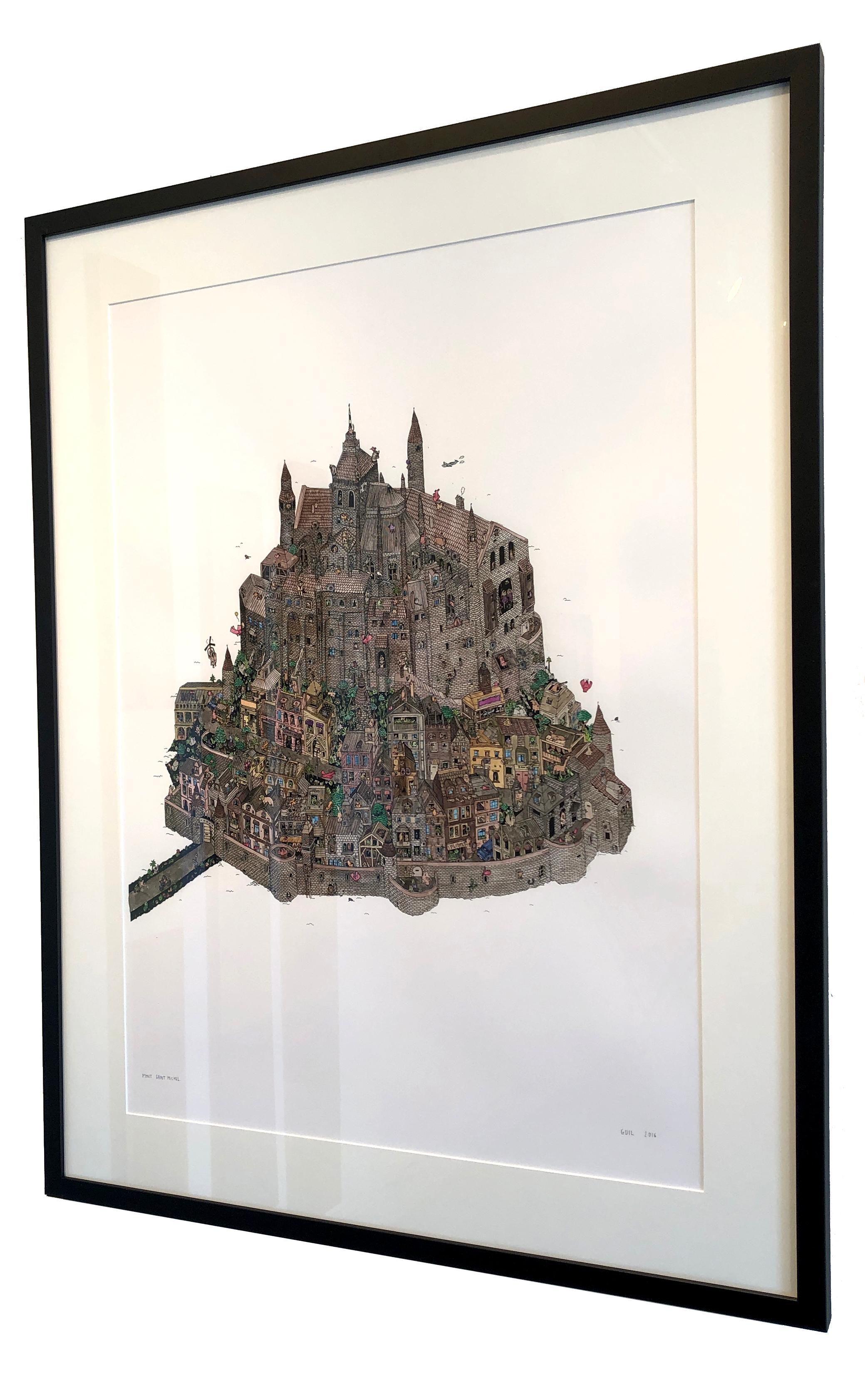 Mont Saint Michel, fantastische Aquarellillustration von Guillaume Cornet, gerahmt im Angebot 6