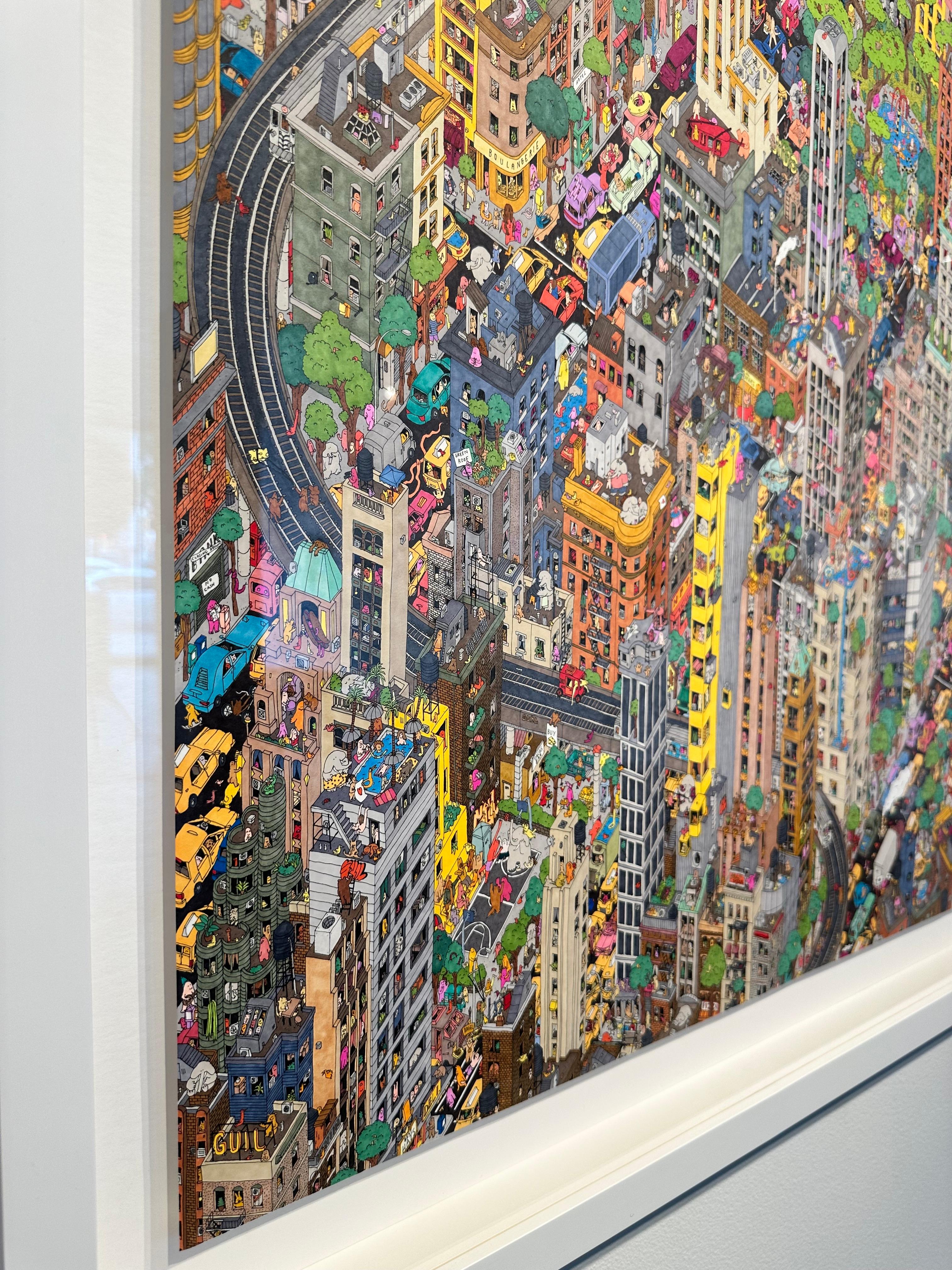 Neighborhoods - intricate hand-drawn colorful illustration of urban New York For Sale 1