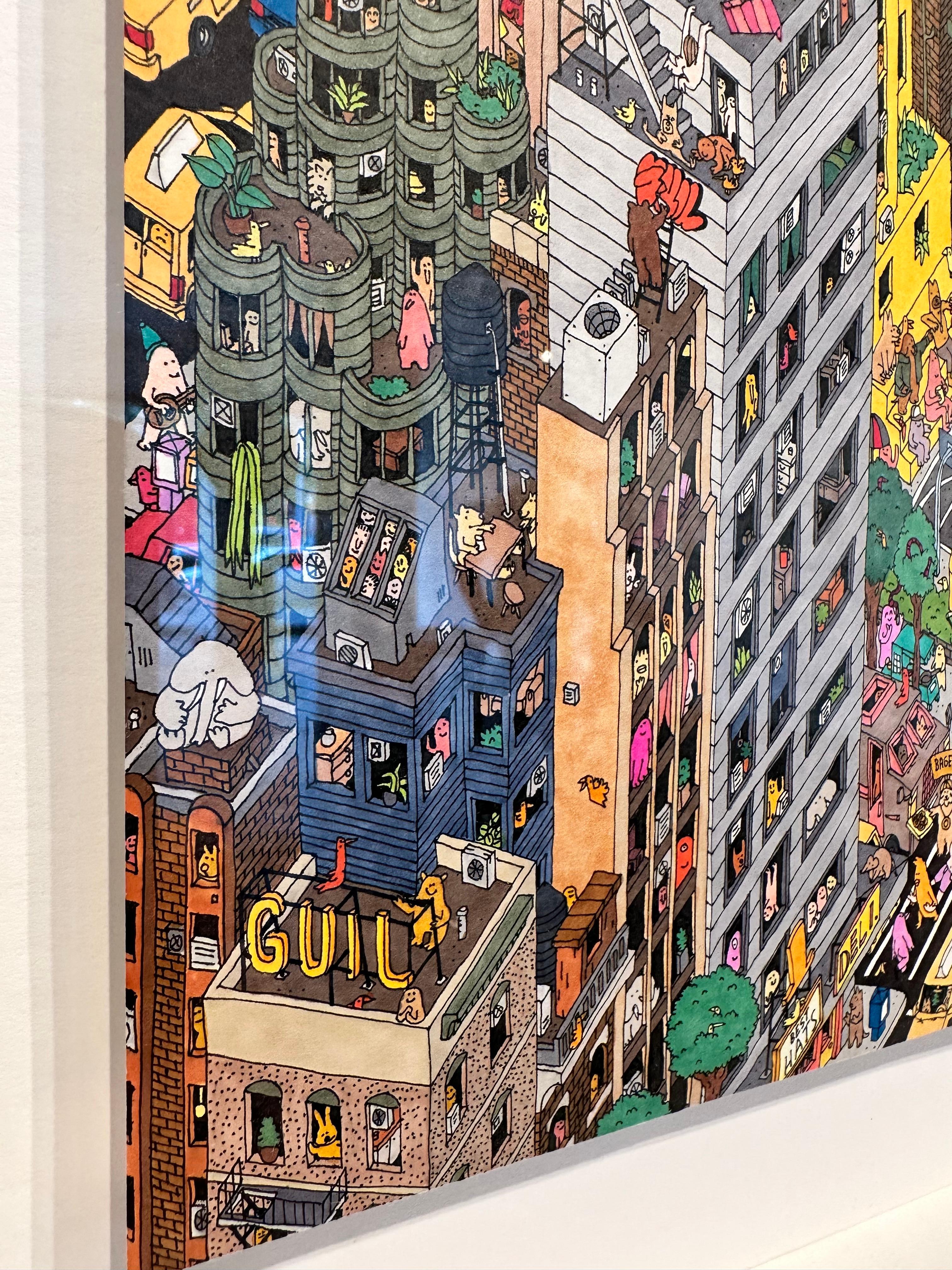 Neighborhoods - intricate hand-drawn colorful illustration of urban New York For Sale 2