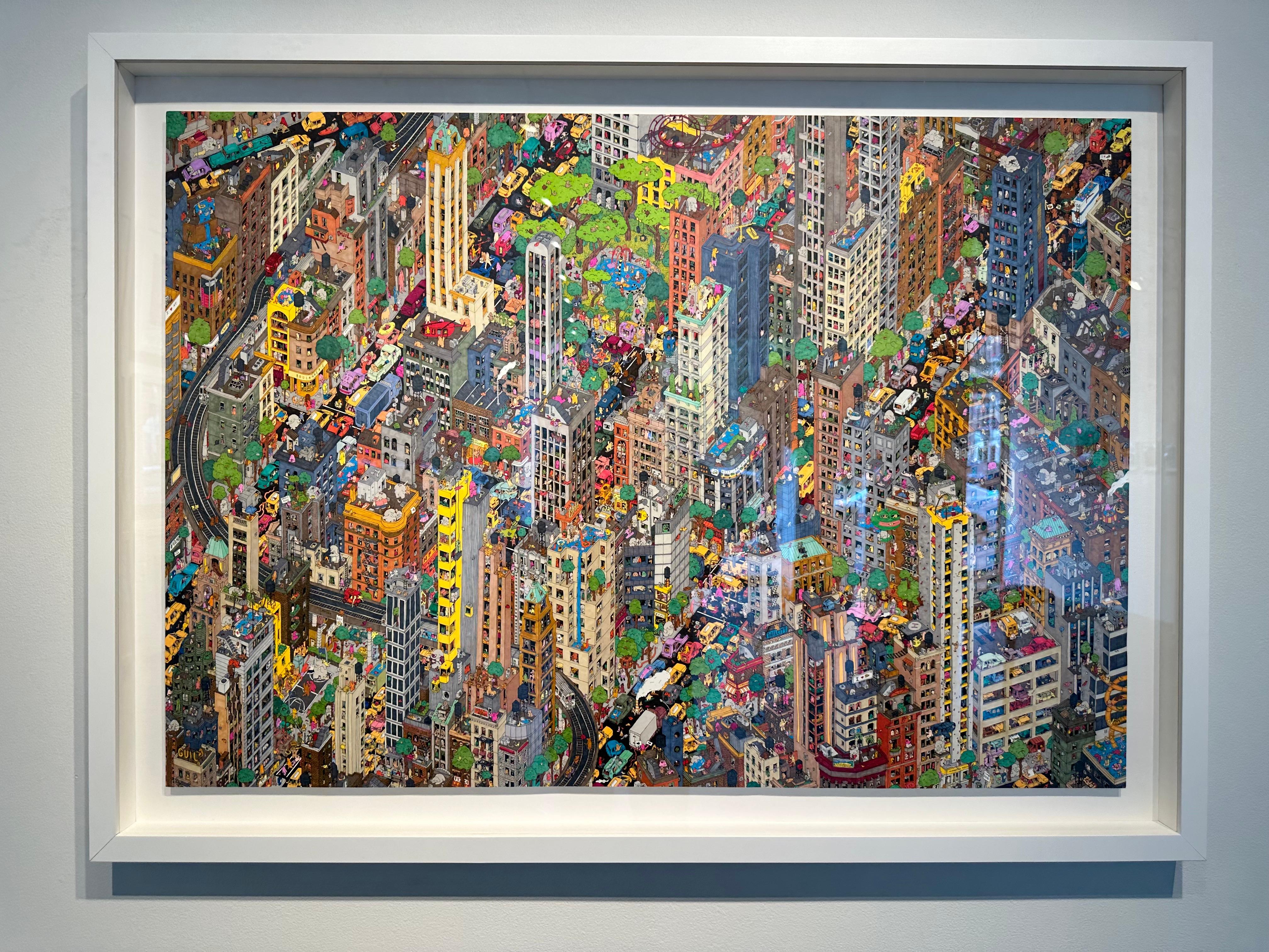 ighborhoods – aufwändige, handgezeichnete, farbenfrohe Illustration des städtischen New York – Art von Guillaume Cornet