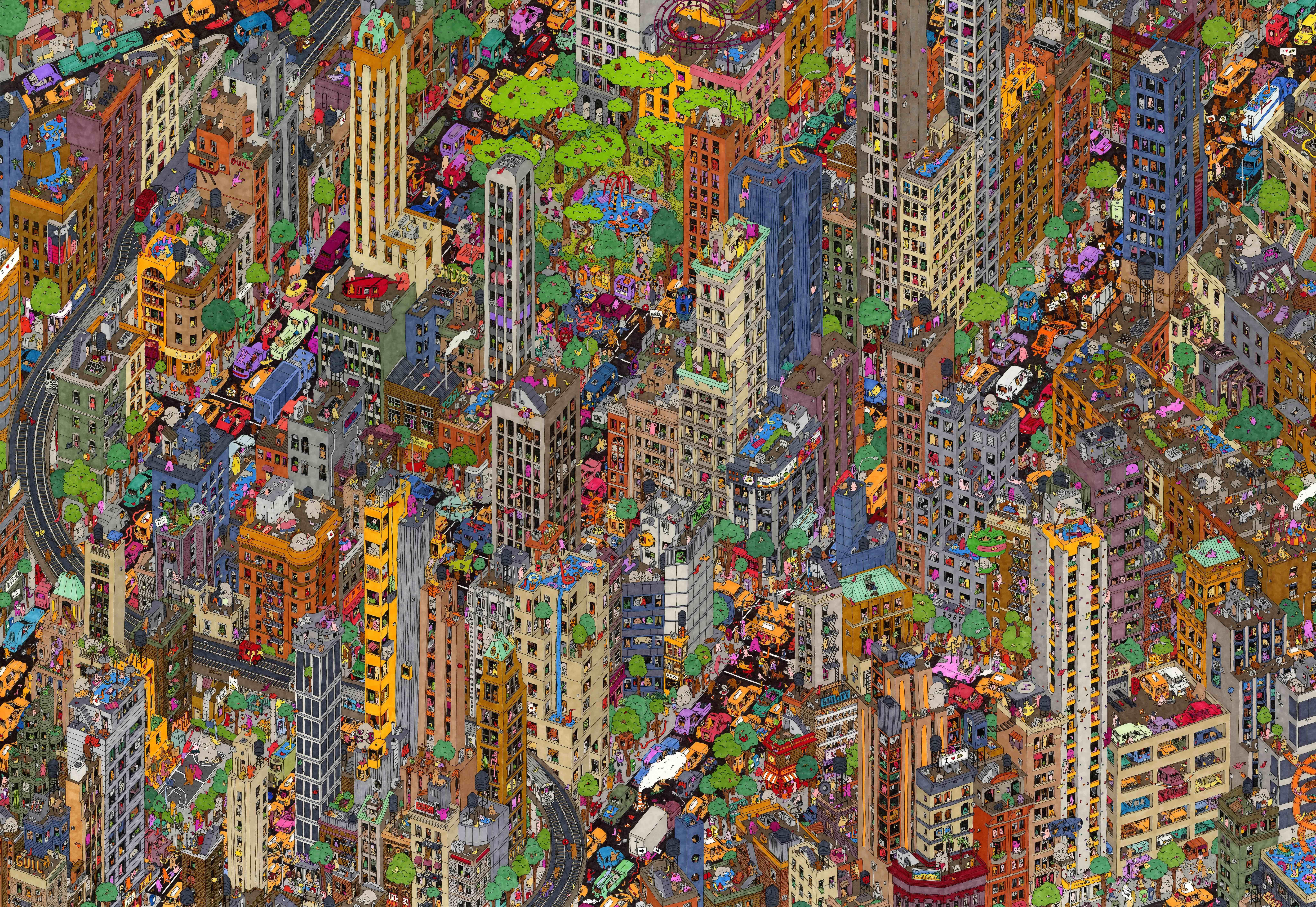 Guillaume Cornet Figurative Art – ighborhoods – aufwändige, handgezeichnete, farbenfrohe Illustration des städtischen New York