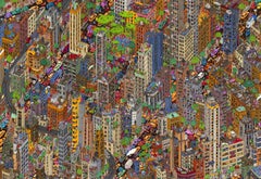 Neighborhoods - intricate hand-drawn colorful illustration of urban New York