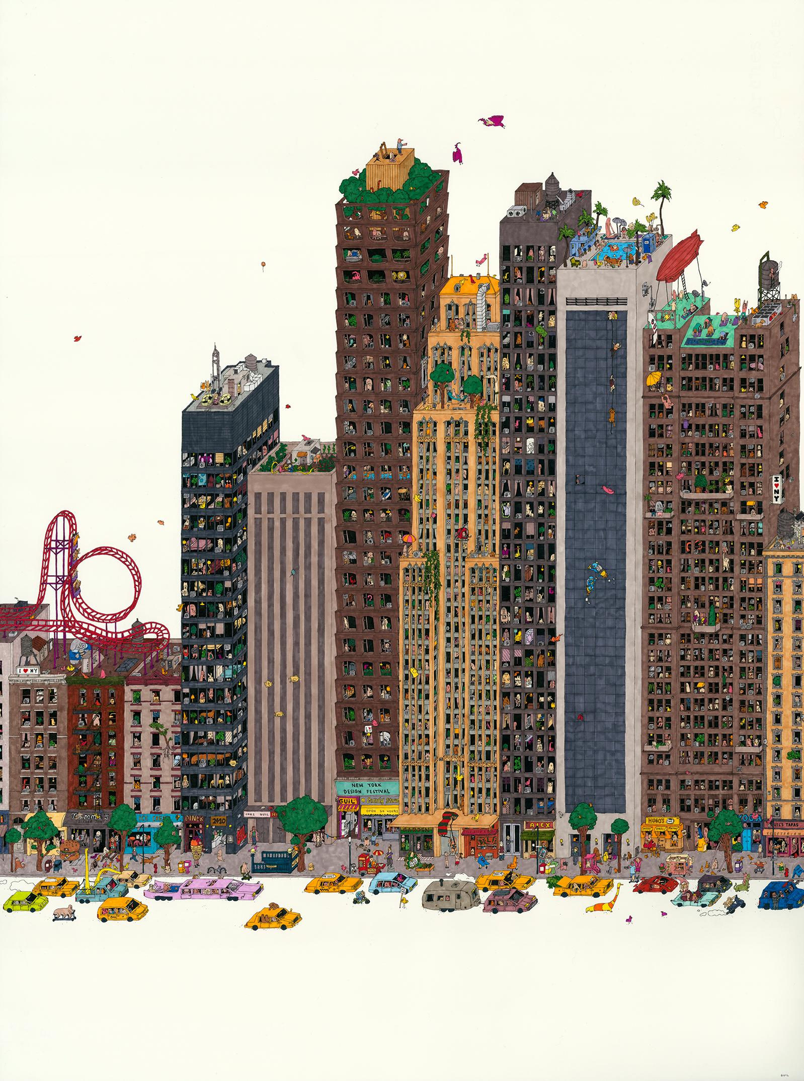 Rooftop Rollercoaster, eine Illustration von Guillaume Cornet, weiß gerahmt