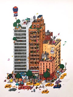 Rooftop Swingers, fantastische Illustration von Guillaume Cornet, weiß gerahmt