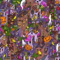 Spooky Favela, fantastische Illustration von Guillaume Cornet, weiß gerahmt