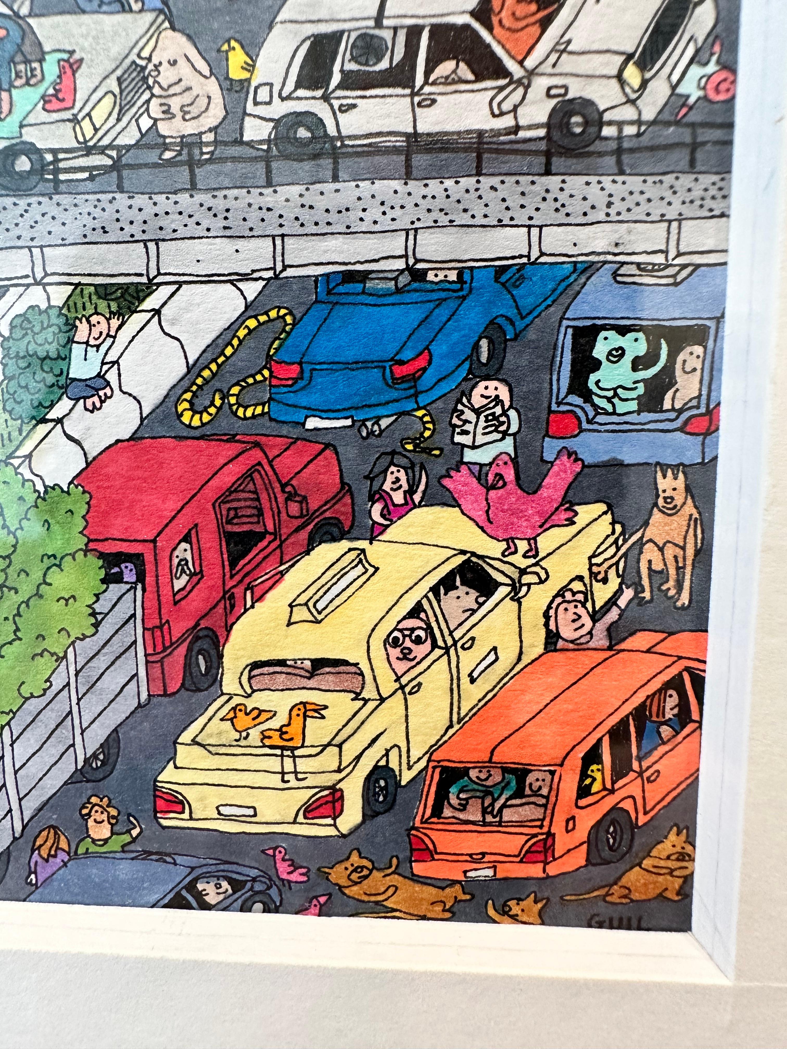 Traffic Jam, a fantastic intricate illustration by Guillaume Cornet white framed For Sale 1