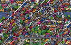 Ingorgo, una fantastica illustrazione intricata di Guillaume Cornet con cornice bianca