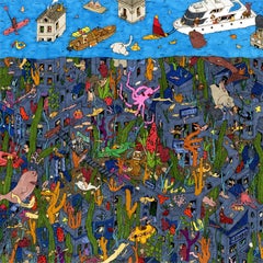 Underwater Favela, eine fantastische Illustration von Guillaume Cornet, weiß gerahmt