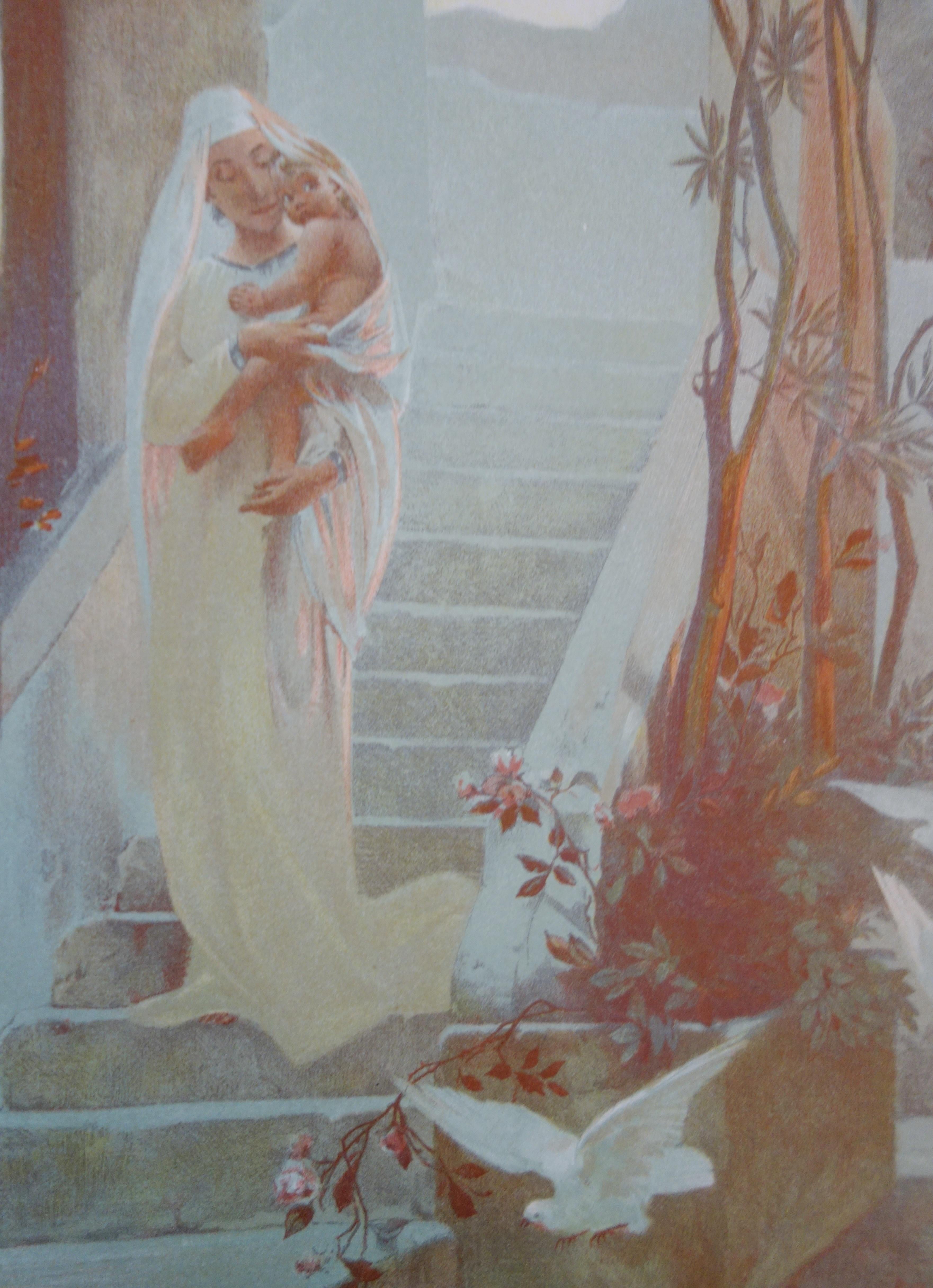Peace : Maternity with a Dove - Original Lithograph 1899 - Gray Figurative Print by Guillaume Dubufe
