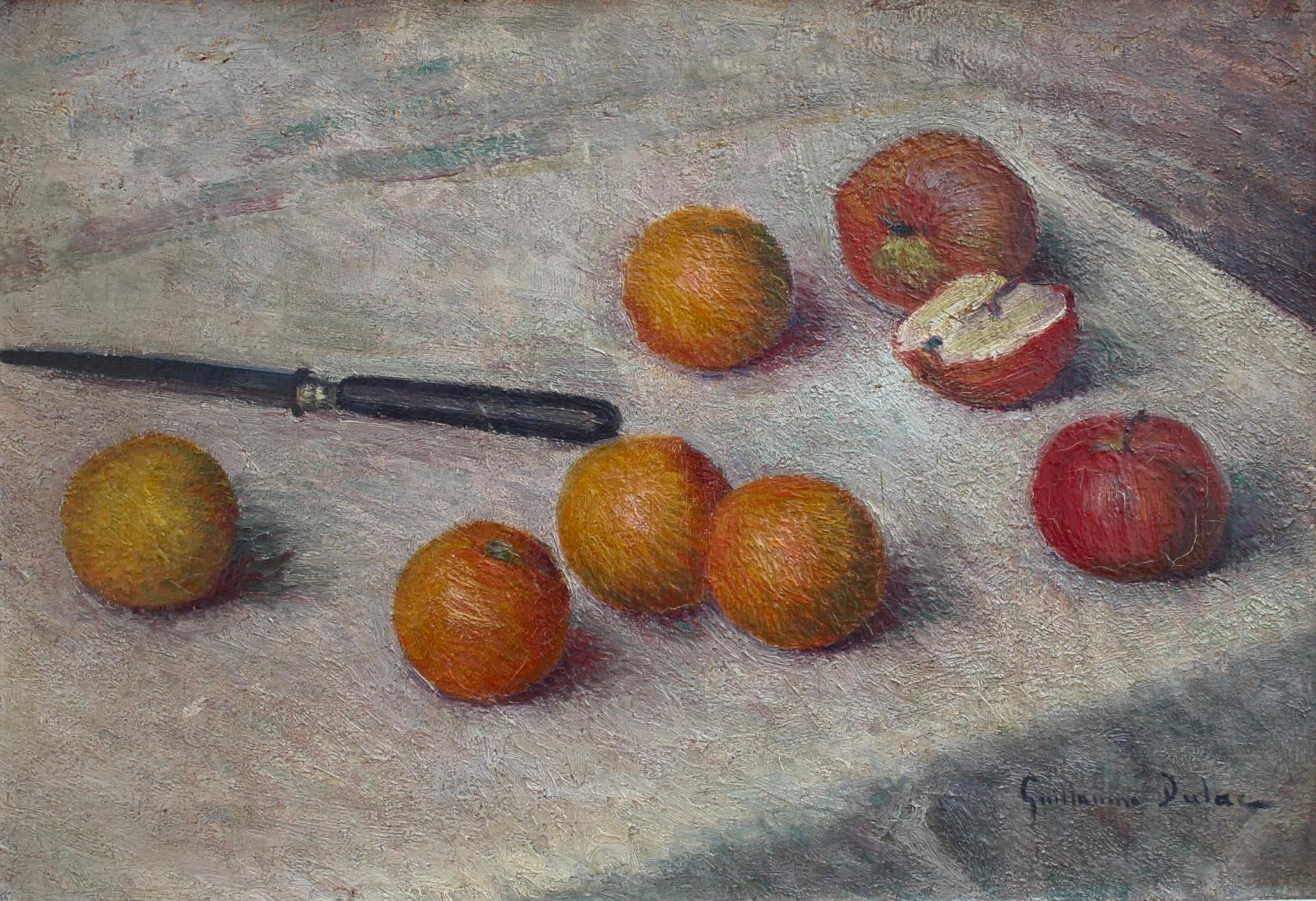 'Oranges and Apples', oil on canvas, still life by Guillaume Dulac (circa 1920s). A magnificent study of fruit and light painted with a deft touch and a delicate brushstroke. The evident quality and desirability of his artwork are incongruent with