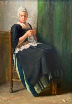 'Young Girl Knitting' by Guillaume Eberhard (1879  – 1949) signed and dated 1906