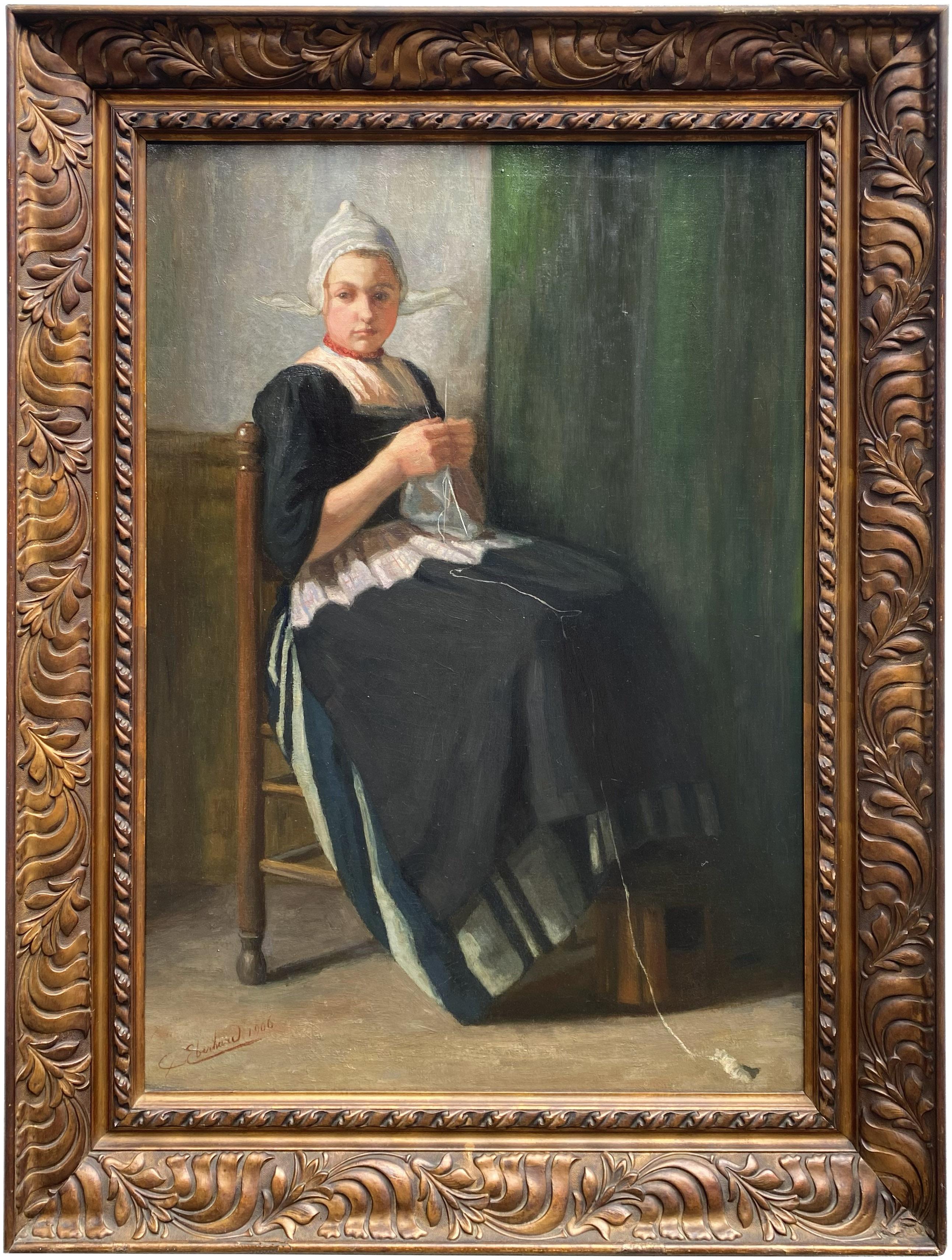 'Young Girl Knitting' by Guillaume Eberhard (1879  – 1949) signed and dated 1906
