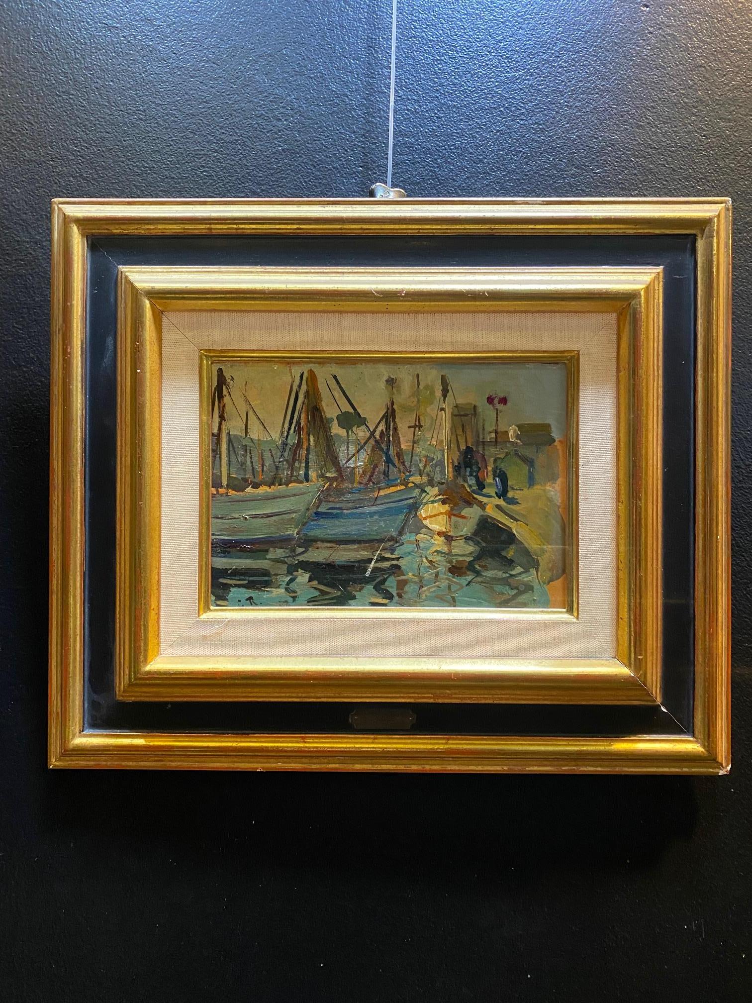 Boats von G. Roger - Öl auf Holz 21x15 cm im Angebot 1