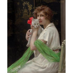 Guillaume Seignac Oil on Canvas "Good Friends" Beauty with Kitten Painting