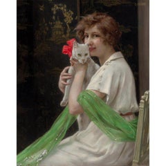 Antique Guillaume Seignac Oil on Canvas "Good Friends" Beauty with Kitten Painting