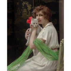 Guillaume Seignac Oil on Canvas "Good Friends" Beauty with Kitten Painting