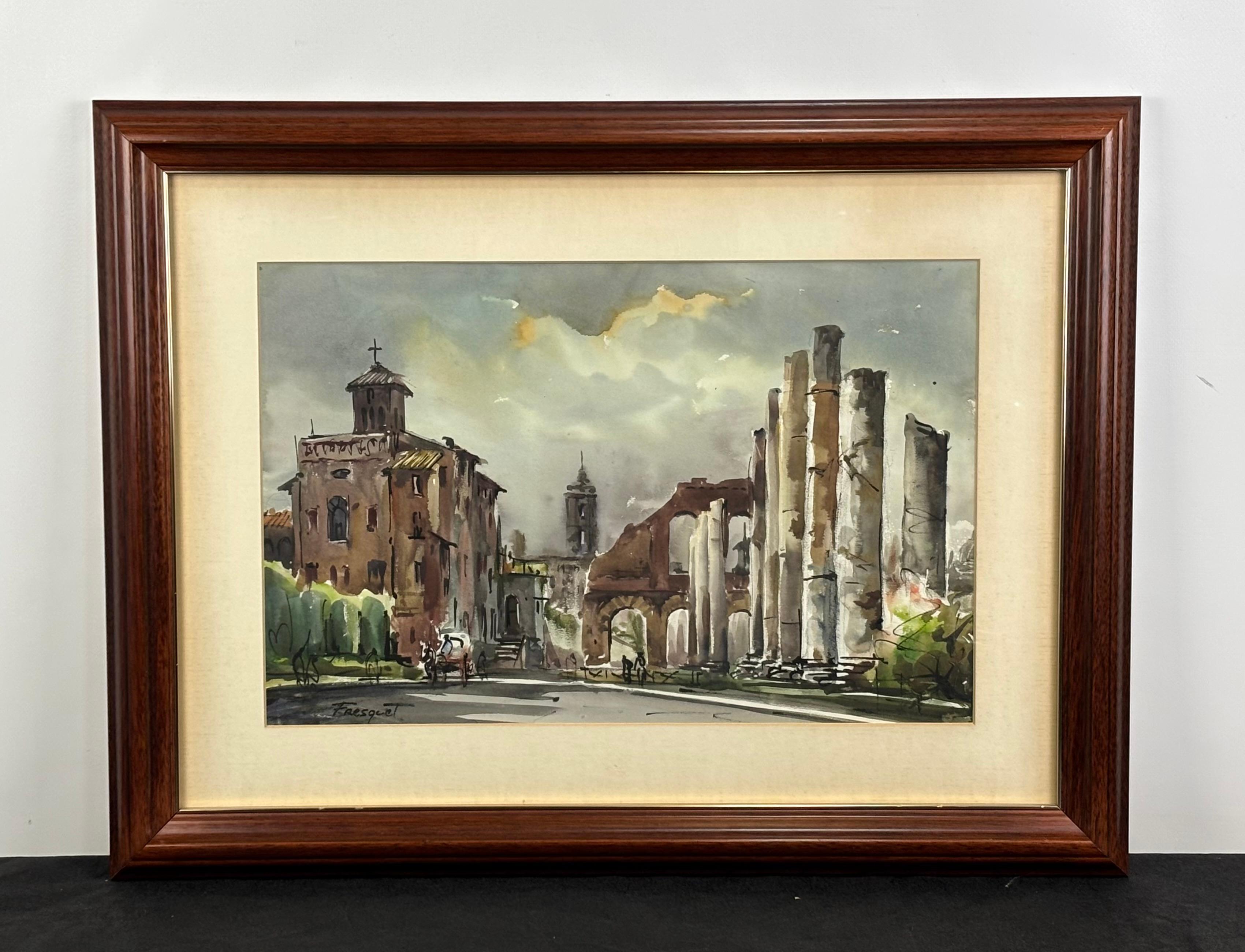 Acuarela original firmada por Guillem Fresquet Bardina, escena urbana con ruinas – Painting von Guillem Fresquet Barcina