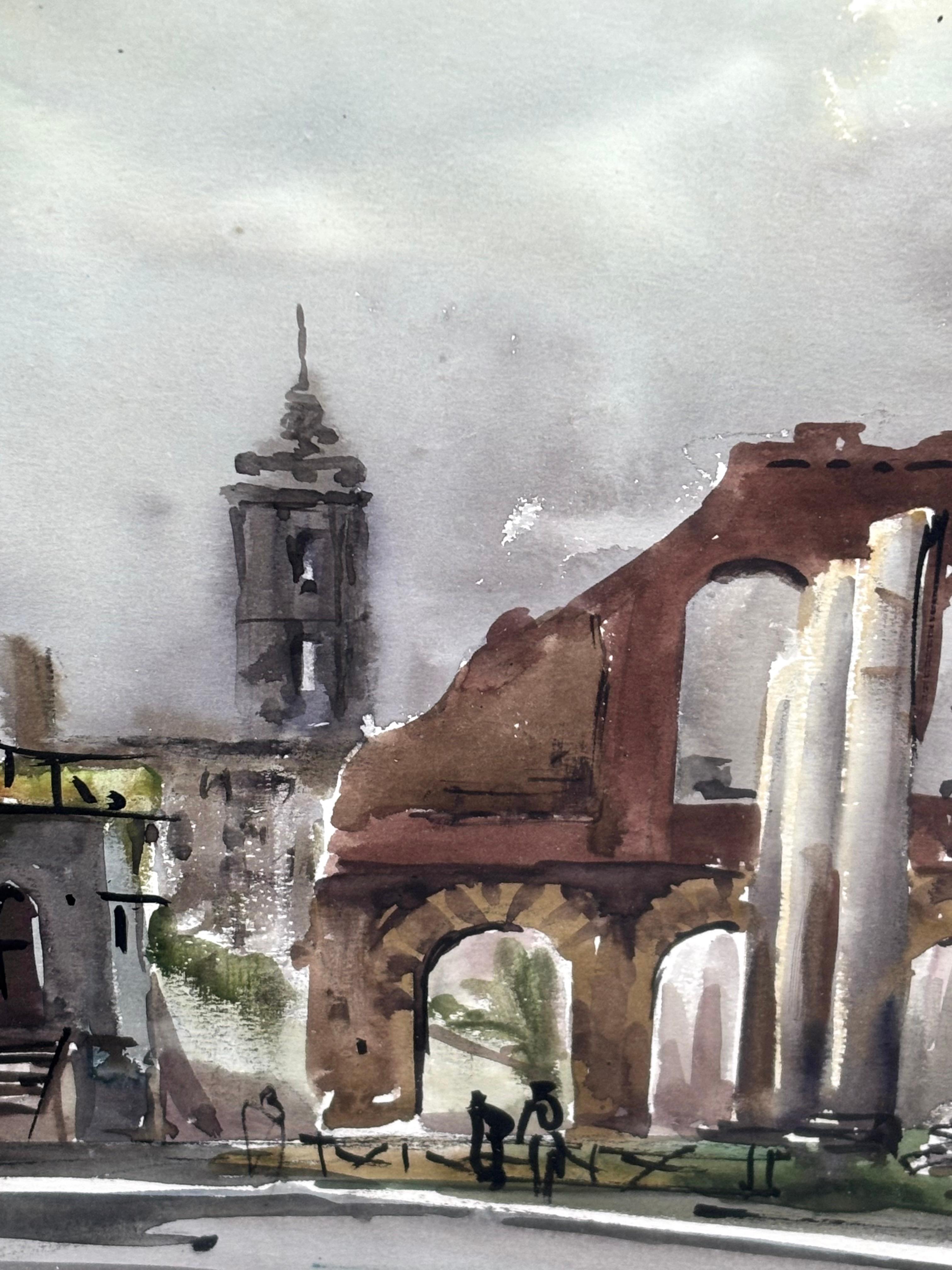 Acuarela original firmada por Guillem Fresquet Bardina, escena urbana con ruinas im Angebot 2