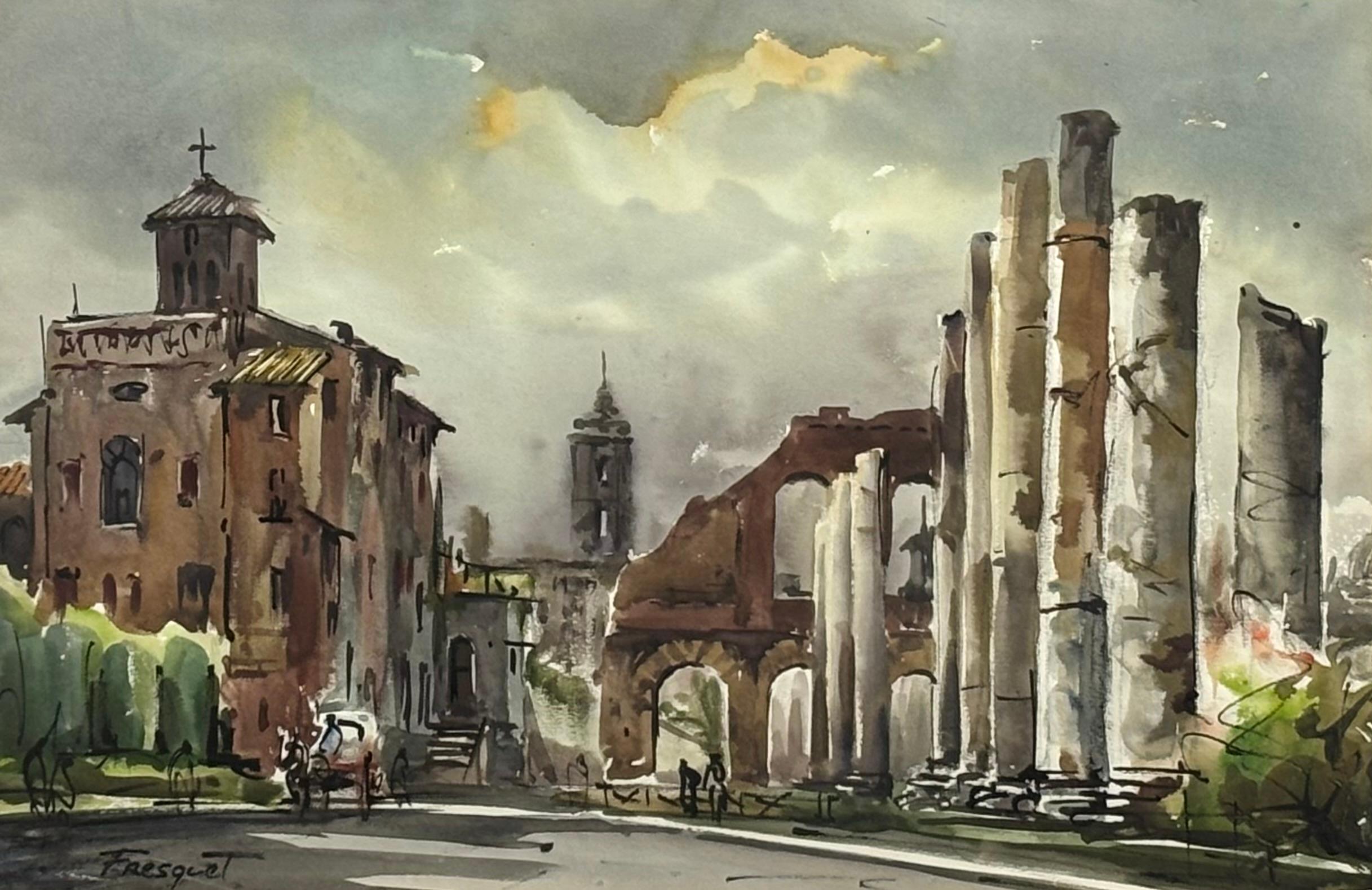 Guillem Fresquet Barcina Landscape Painting – Acuarela original firmada por Guillem Fresquet Bardina, escena urbana con ruinas