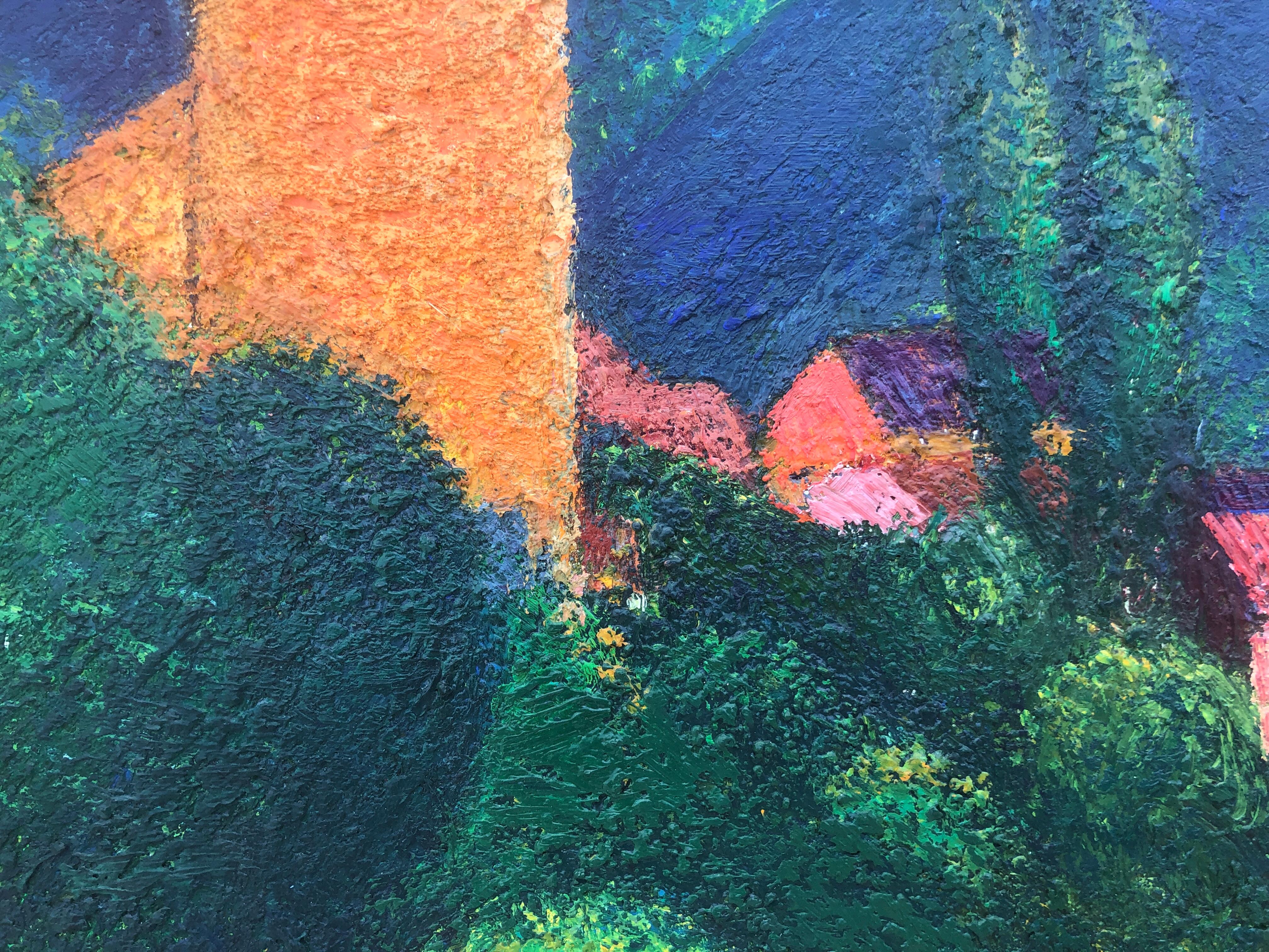 Clocher Valle de Aran Espagne paysage espagnol huile sur toile peinture - Post-impressionnisme Painting par Guillem Villà Bassols