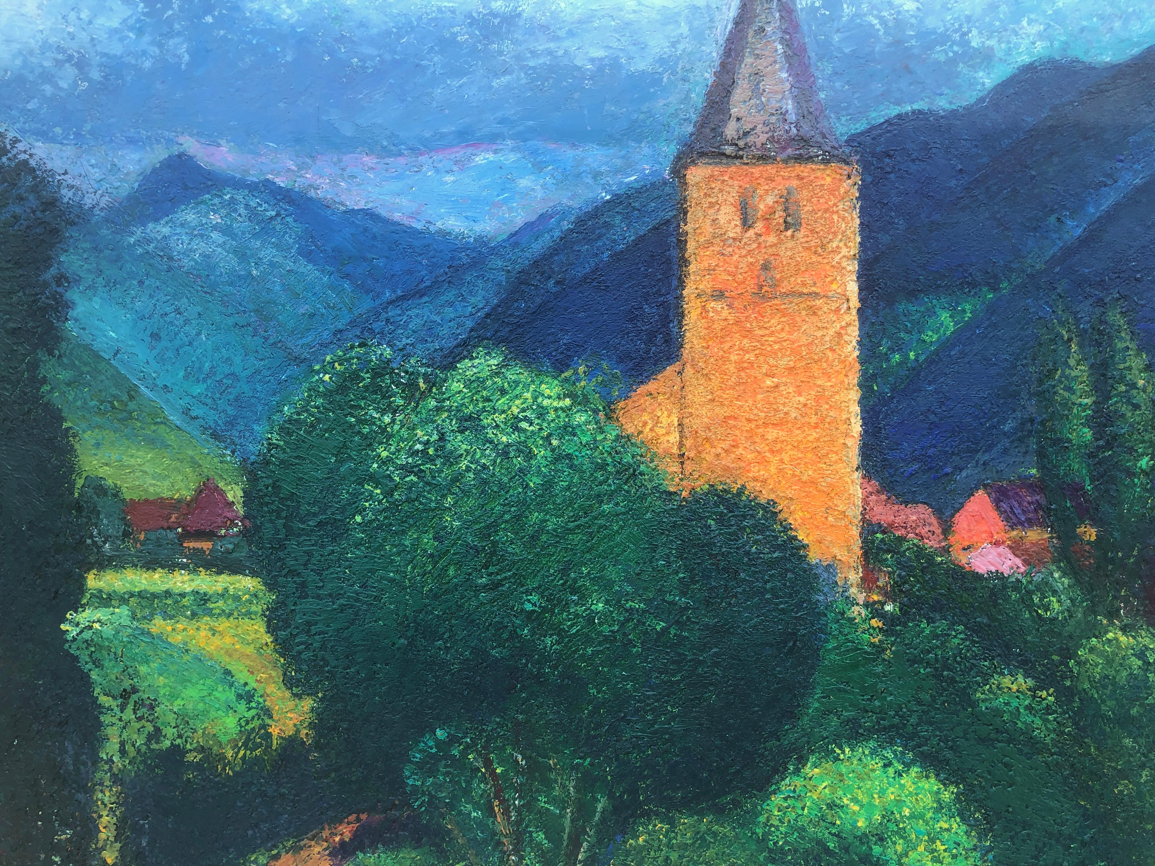 Clocher Valle de Aran Espagne paysage espagnol huile sur toile peinture en vente 3