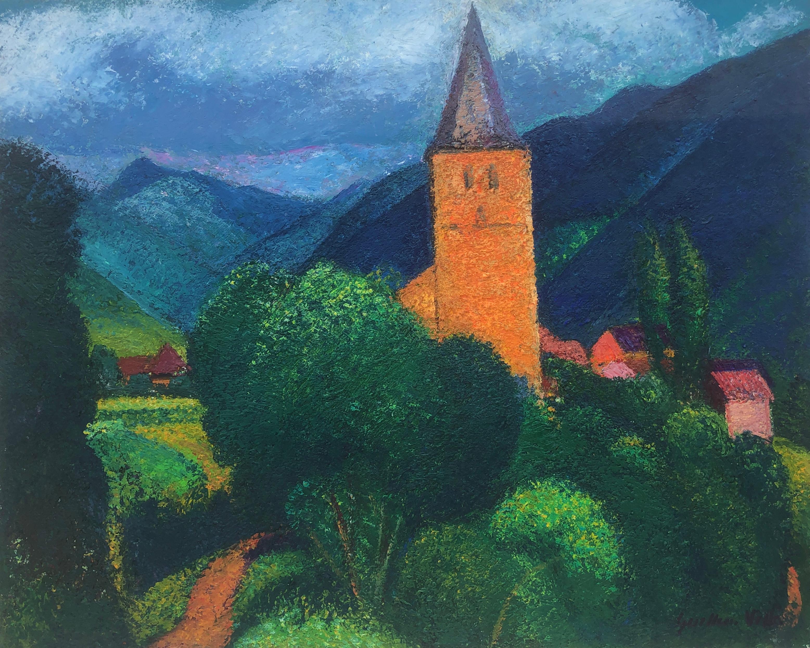 Guillem Villà Bassols Landscape Painting - Bell tower Valle de Aran Spain spanish landscape oil on canvas painting