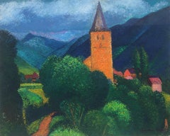 Bell tower Valle de Aran Spain spanish landscape oil on canvas painting