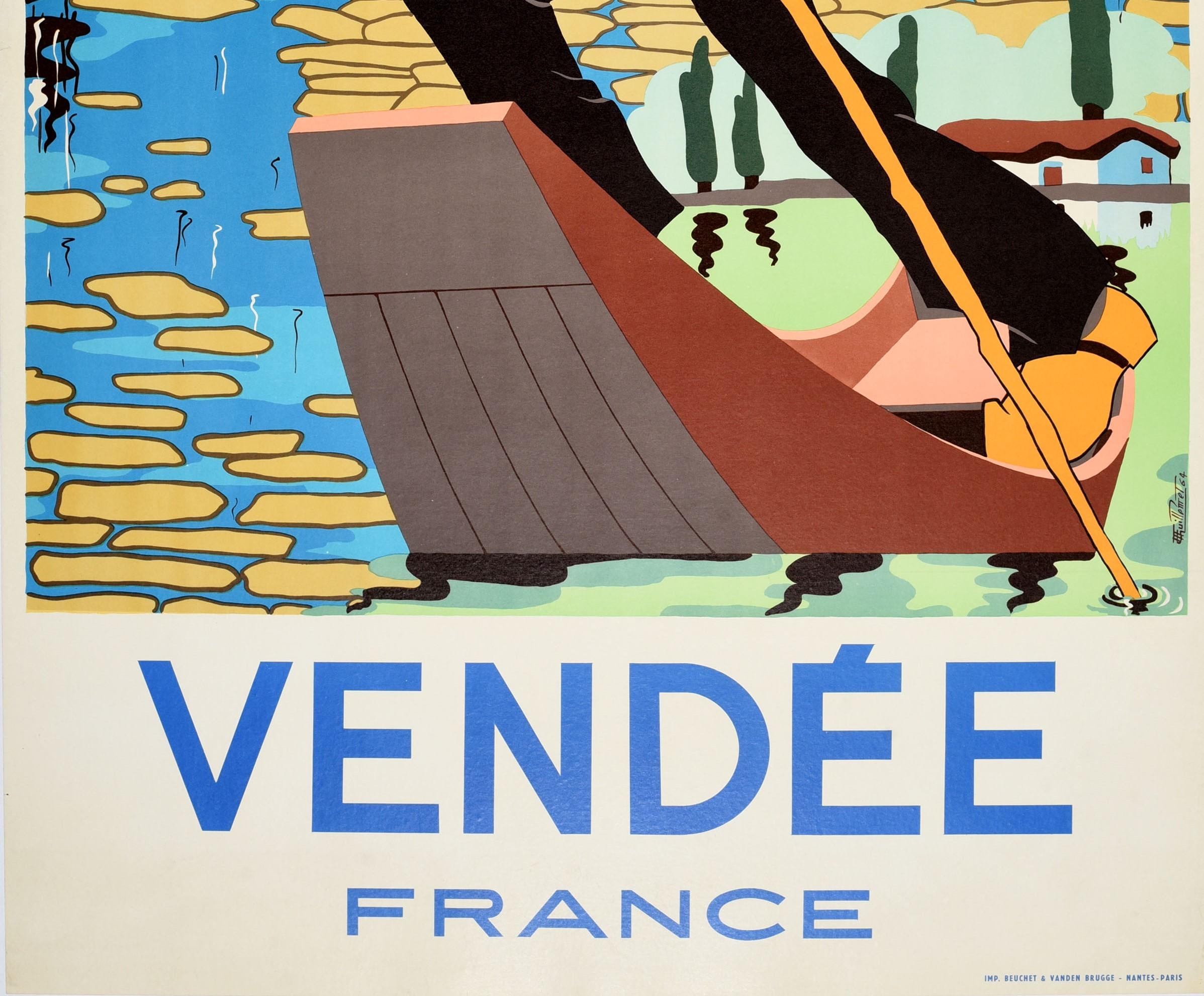 Original-Vintage-Reiseplakat Vendee France, Gondola-Flugzeug, Segeln, Atlantikkste (Blau), Print, von Guillemet