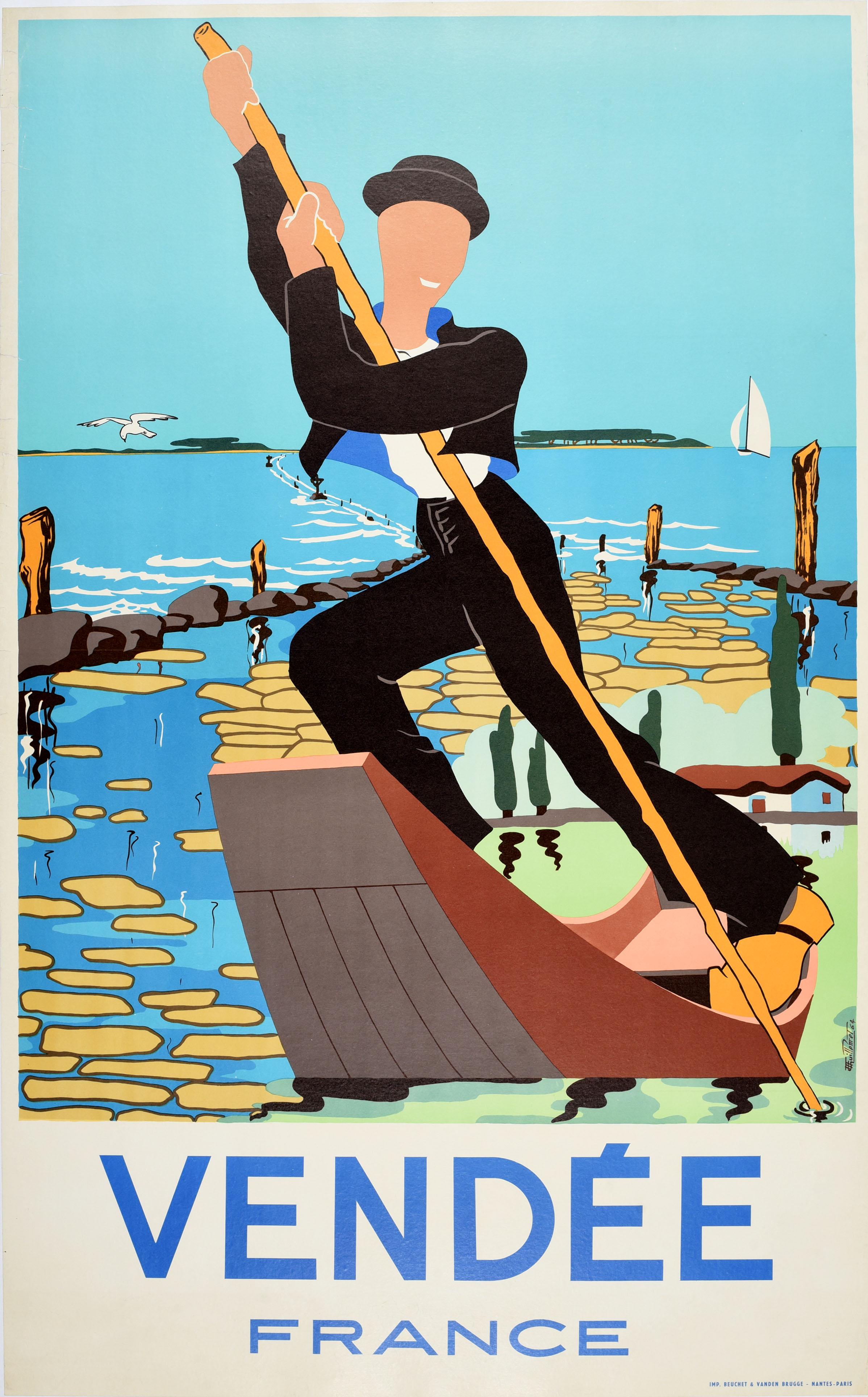 Guillemet Print - Original Vintage Travel Poster Vendee France Gondola Boat Sailing Atlantic Coast