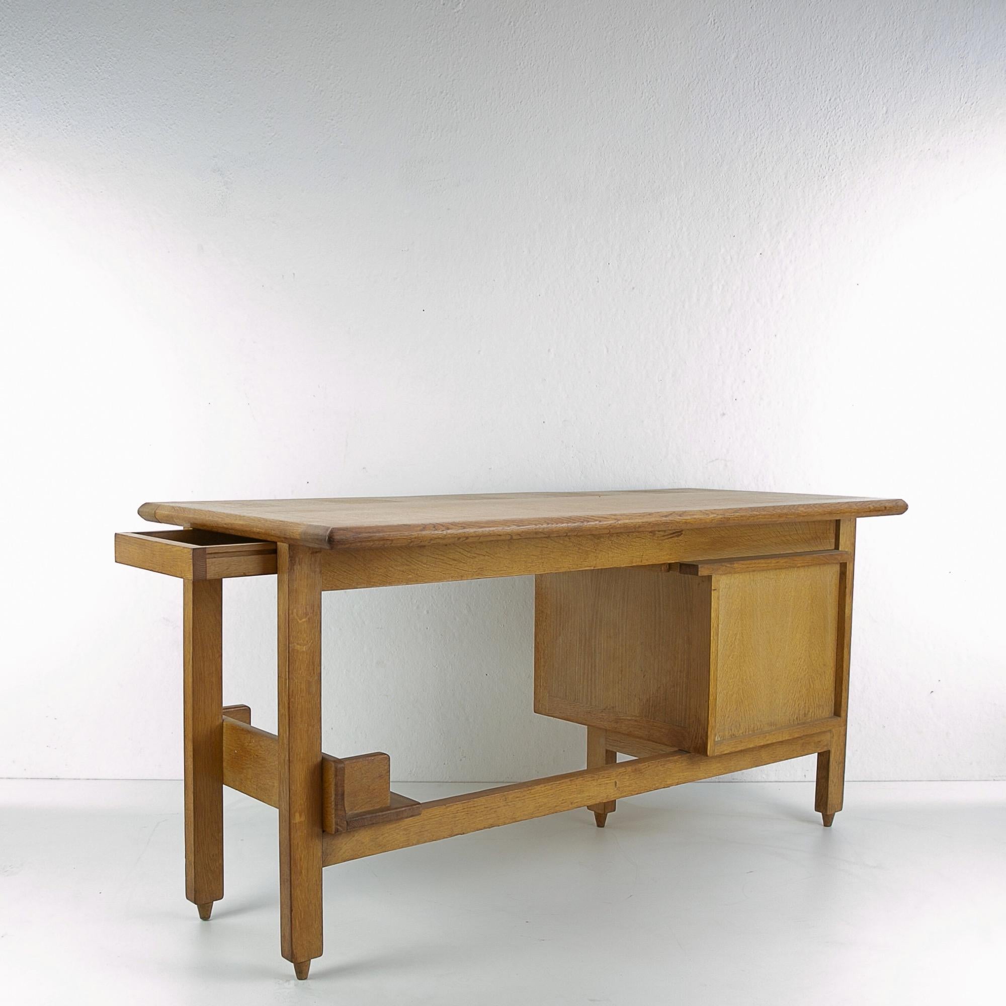 French Guillerme and Chambron 3-Drawers Oak Desk with Ceramic Handles