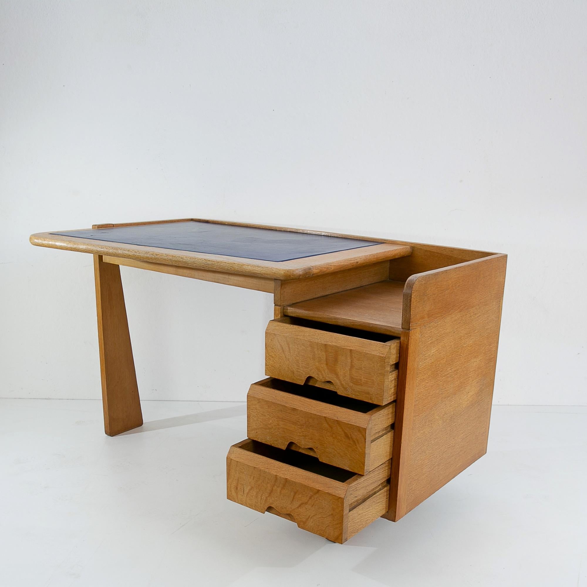 French Guillerme and Chambron 3-Drawers Oak Desk with Matching Chair