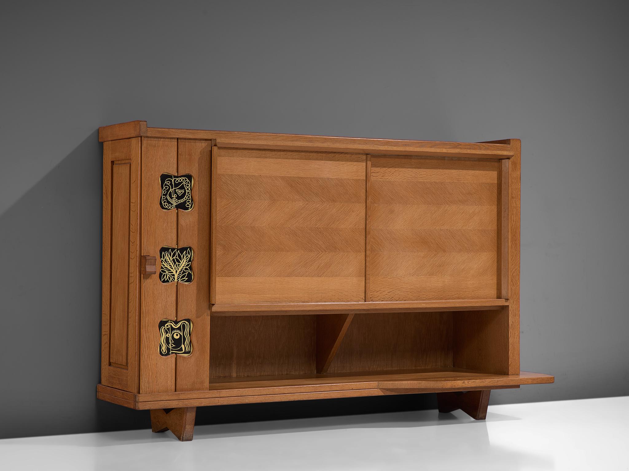Guillerme et Chambron for Votre Maison, high sideboard, solid oak, France, 1960s 

This characteristic cabinet in solid oak is designed by the French designer duo Jacques Chambron (1914-2001) and Robert Guillerme (1913-1990). It features two
